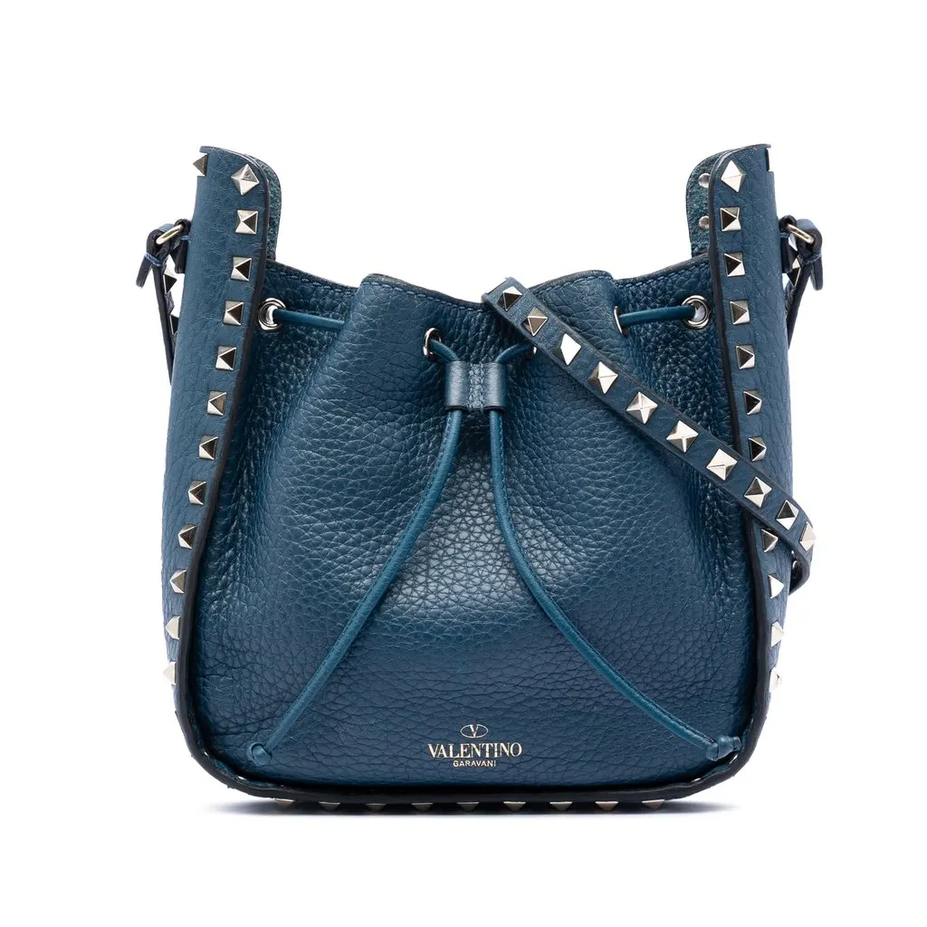 Valentino Small Grained Calfskin Rockstud Bucket Bag Blue Leather Very good - Front View
