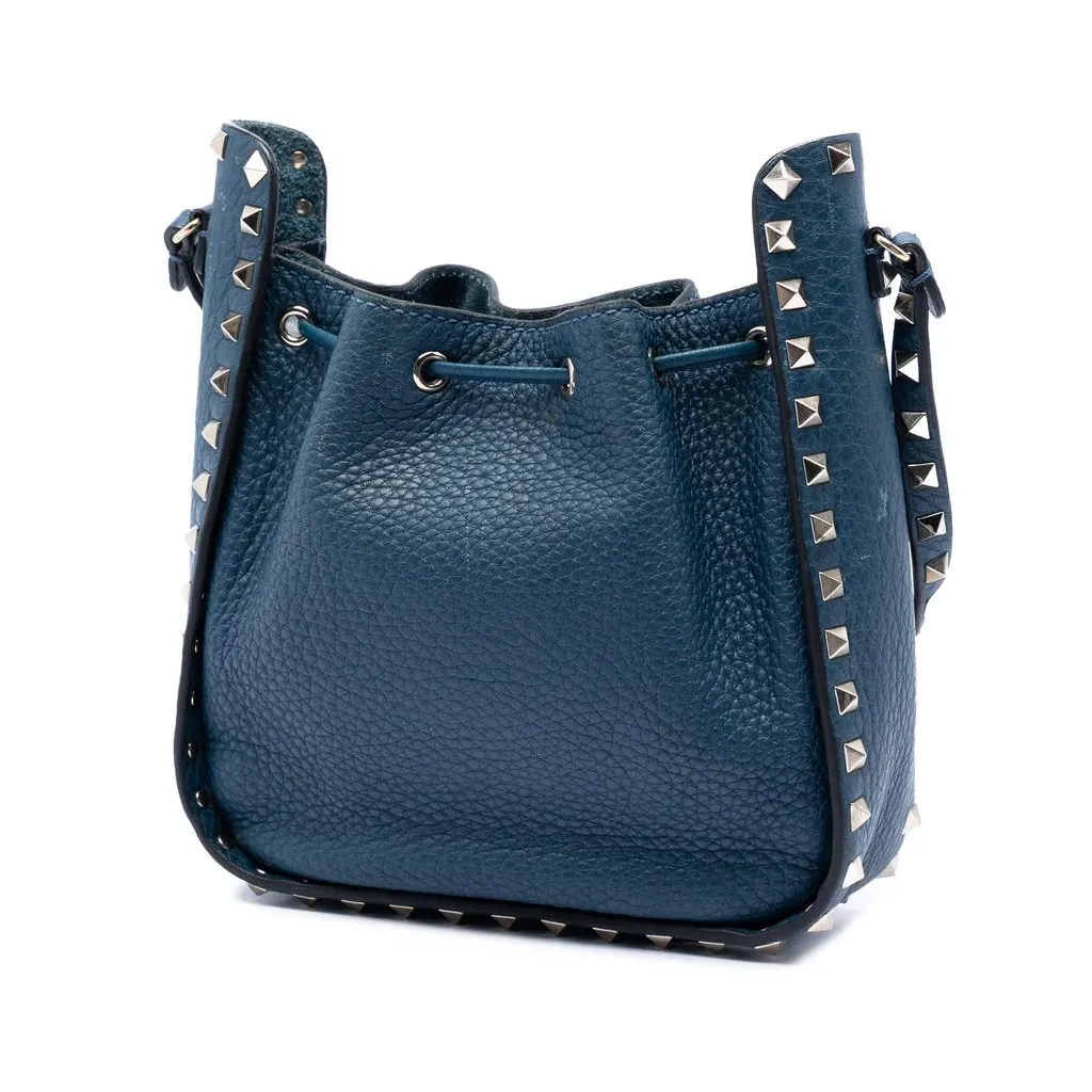 Valentino Small Grained Calfskin Rockstud Bucket Bag Blue Leather Very good - Back View