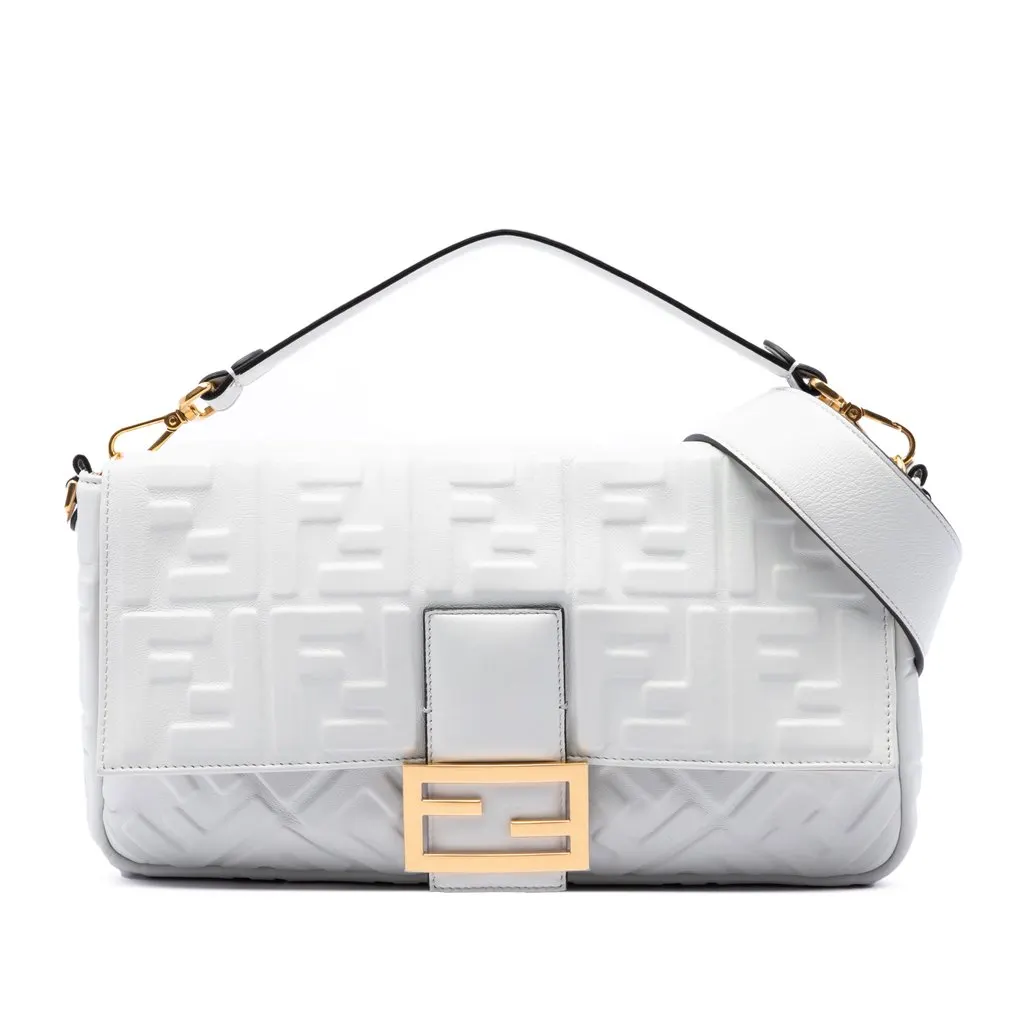 Fendi Large Zucca Embossed Leather Baguette Satchel White Leather Very good - Front View