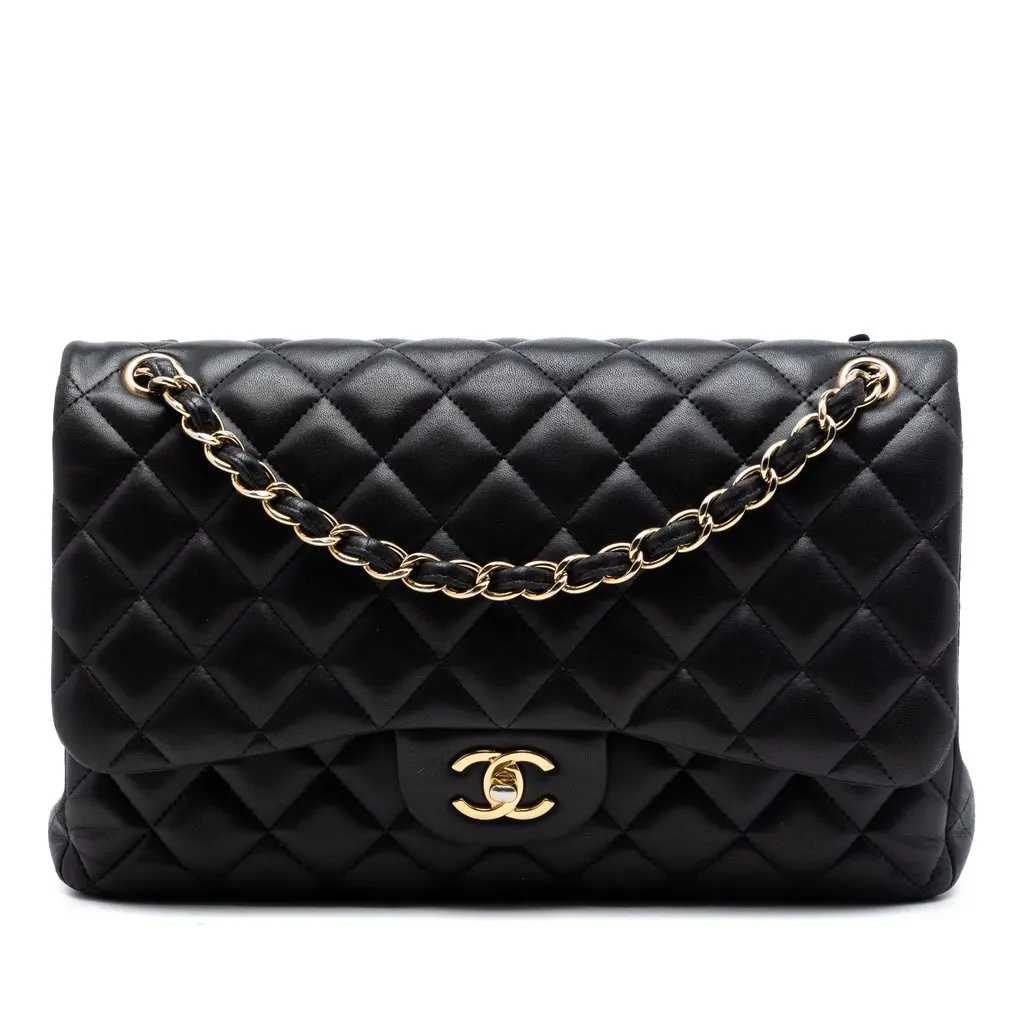 Chanel Jumbo Classic Lambskin Double Flap Black Leather Very good - Front View