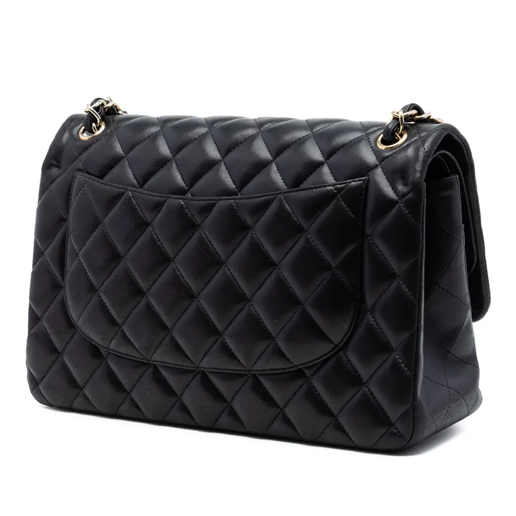Chanel Jumbo Classic Lambskin Double Flap Black Leather Very good - Back View