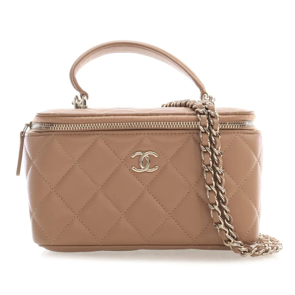 Chanel Small CC Quilted Lambskin Top Handle Vanity Case with Chain Beige Leather Very good - Front View