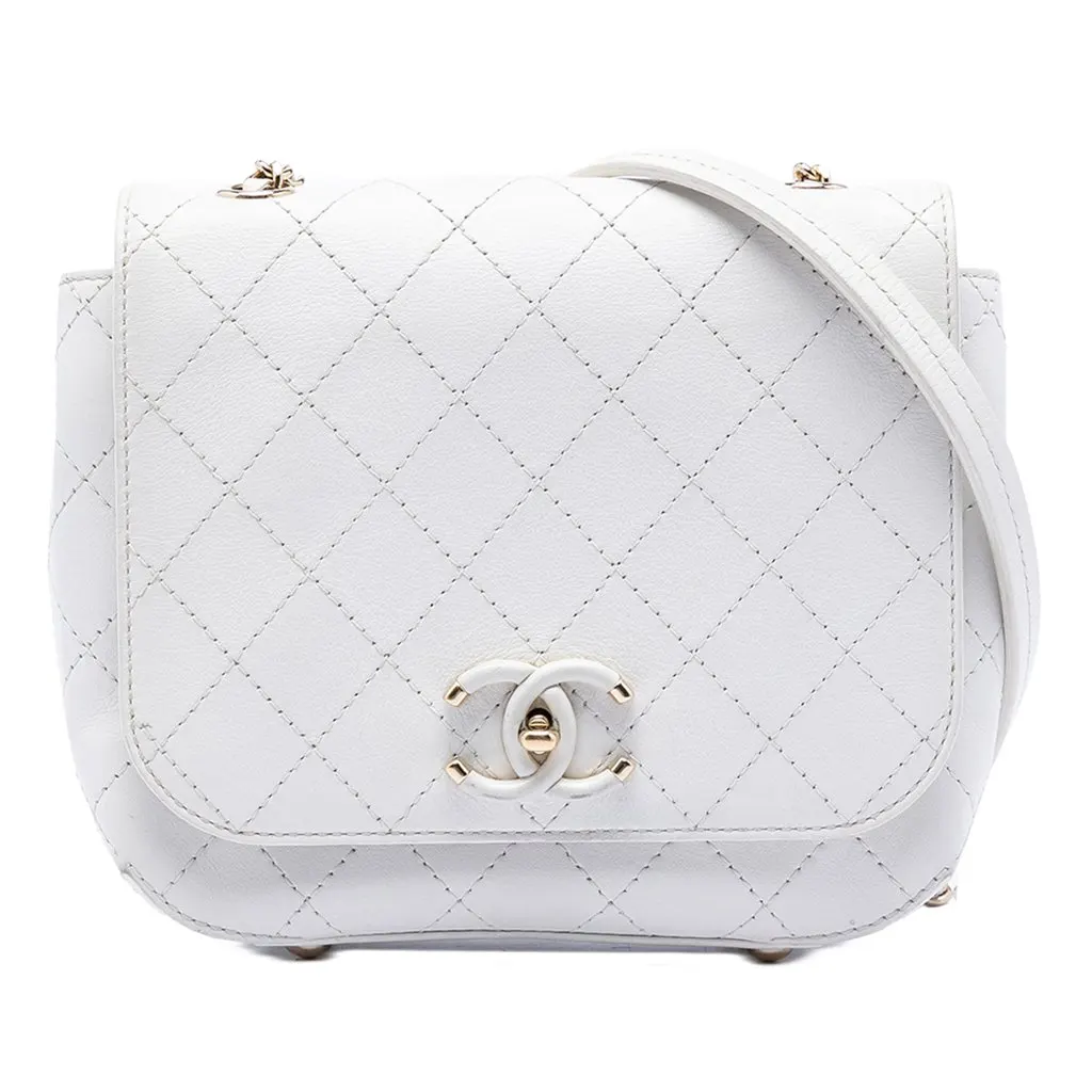 Chanel Small Stitched Calfskin Covered CC Flap White Leather Very good - Front View