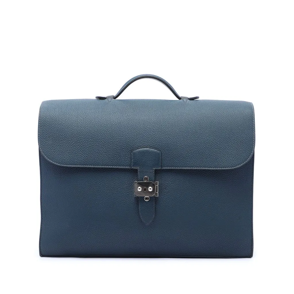 Hermès Togo Casaque Sac a Depeches 38 Blue Leather Very good - Front View