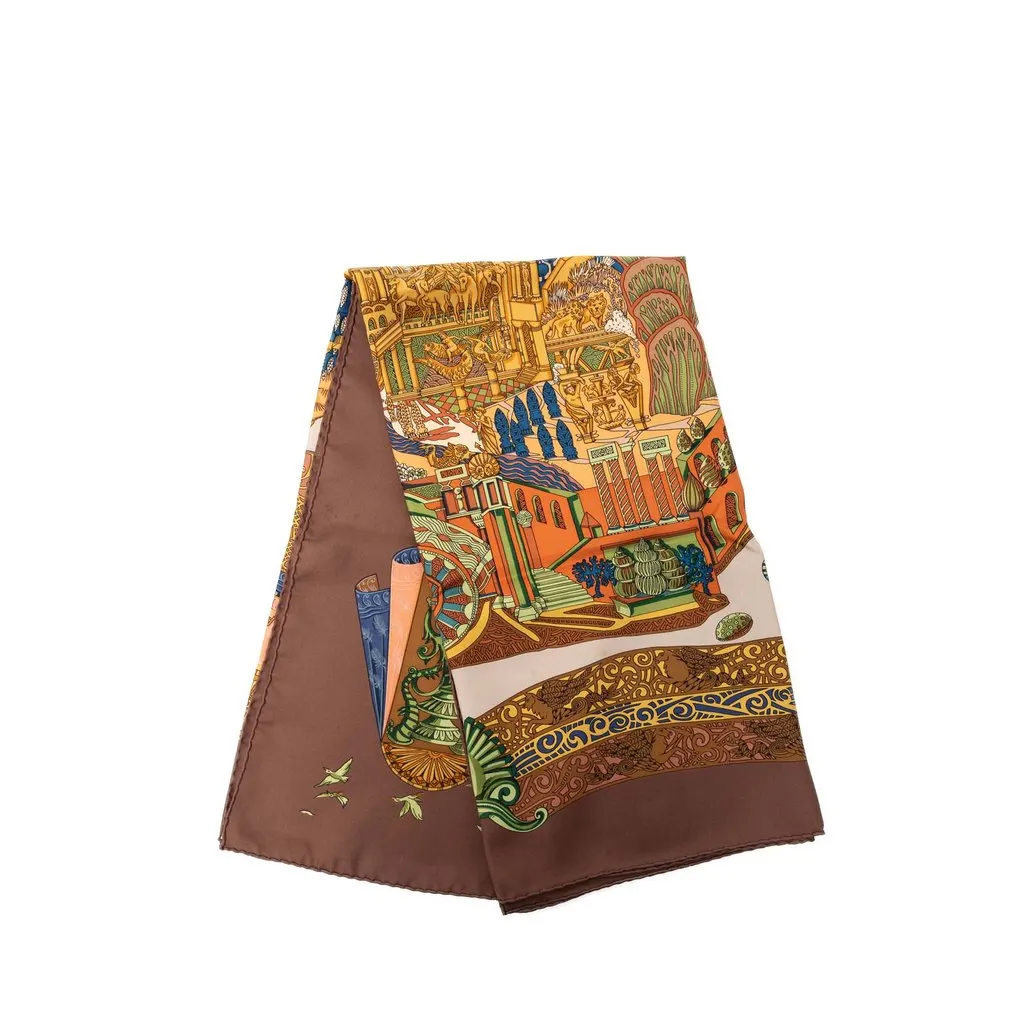Hermès L Atlantide Silk Scarf 90 Brown Very good - Front View