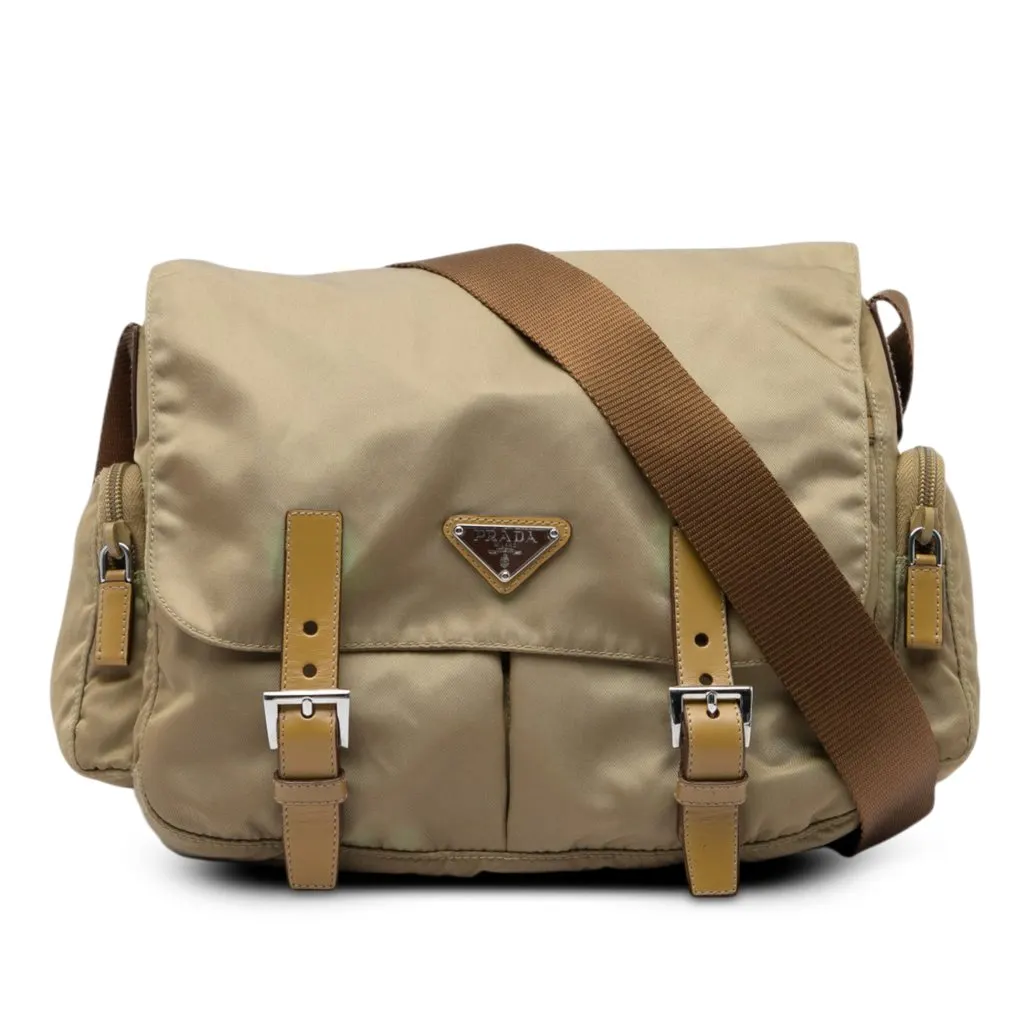 Prada Tessuto Double Buckle Messenger Bag Beige Very good - Front View