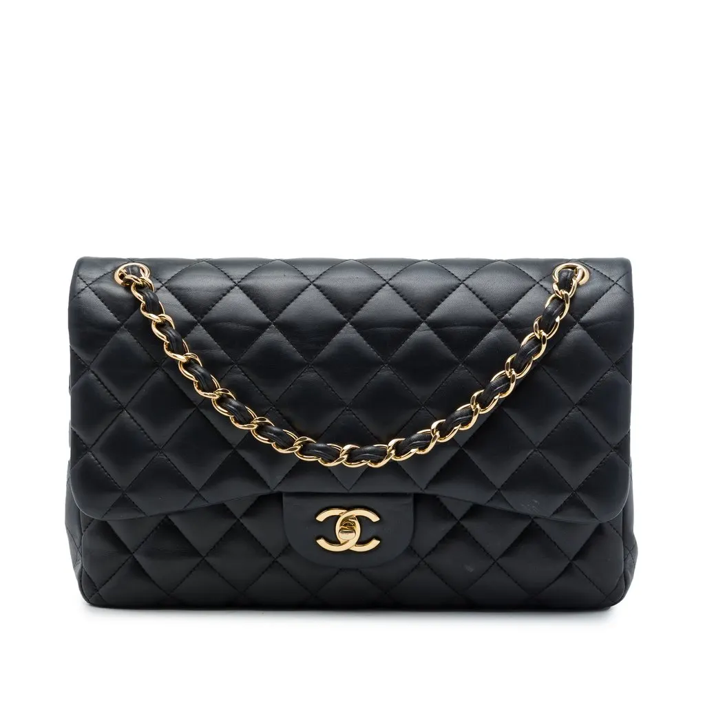 Chanel Jumbo Classic Lambskin Double Flap Black Leather Very good - Front View