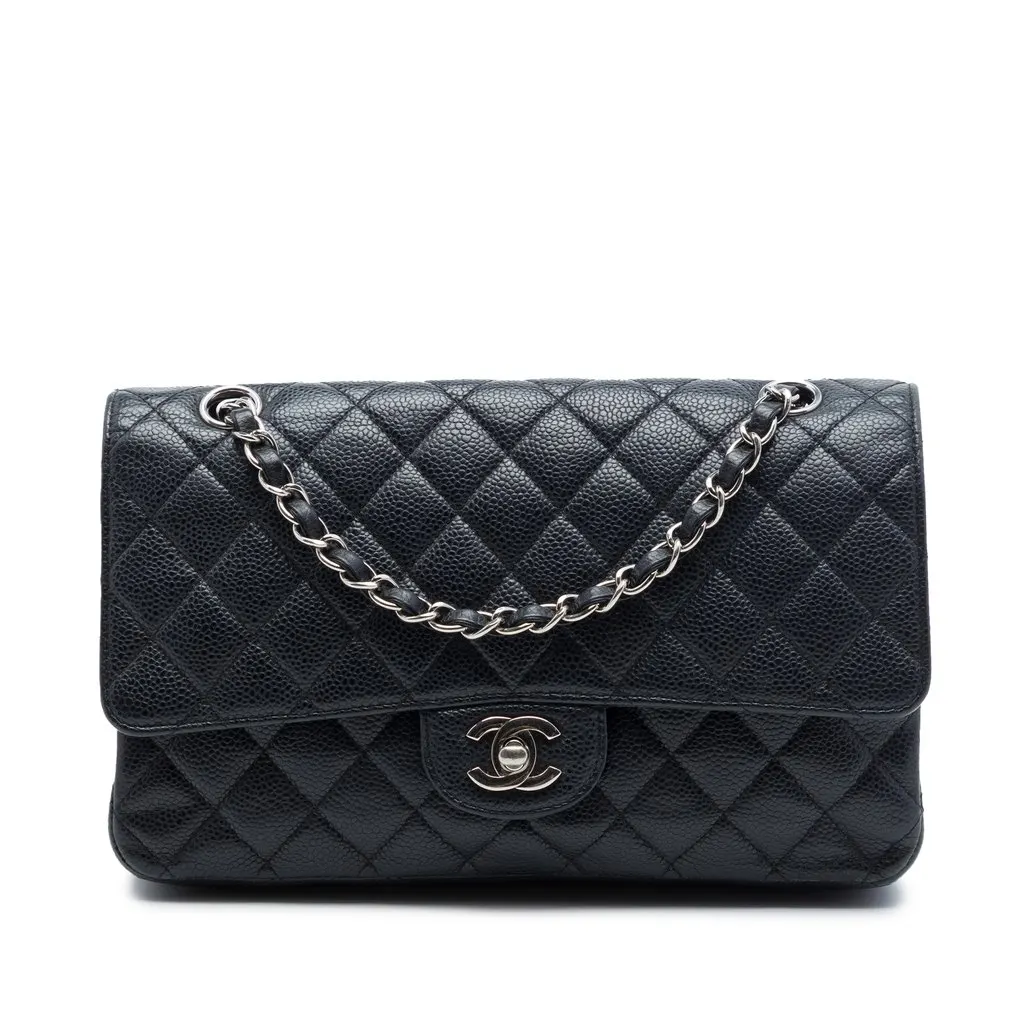 Chanel Medium Classic Caviar Double Flap Black Leather Very good - Front View