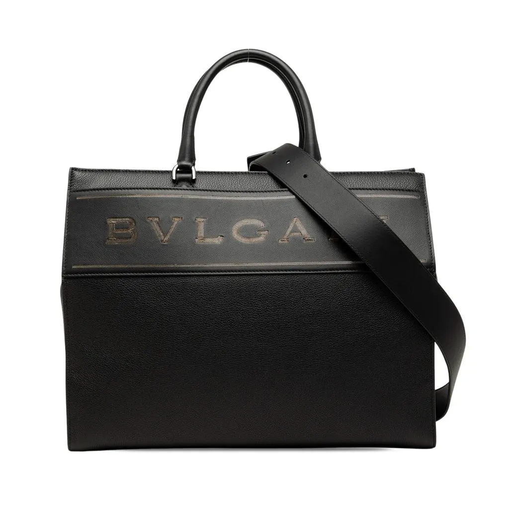 Bvlgari Leather Logo Satchel Black Leather Very good - Front View