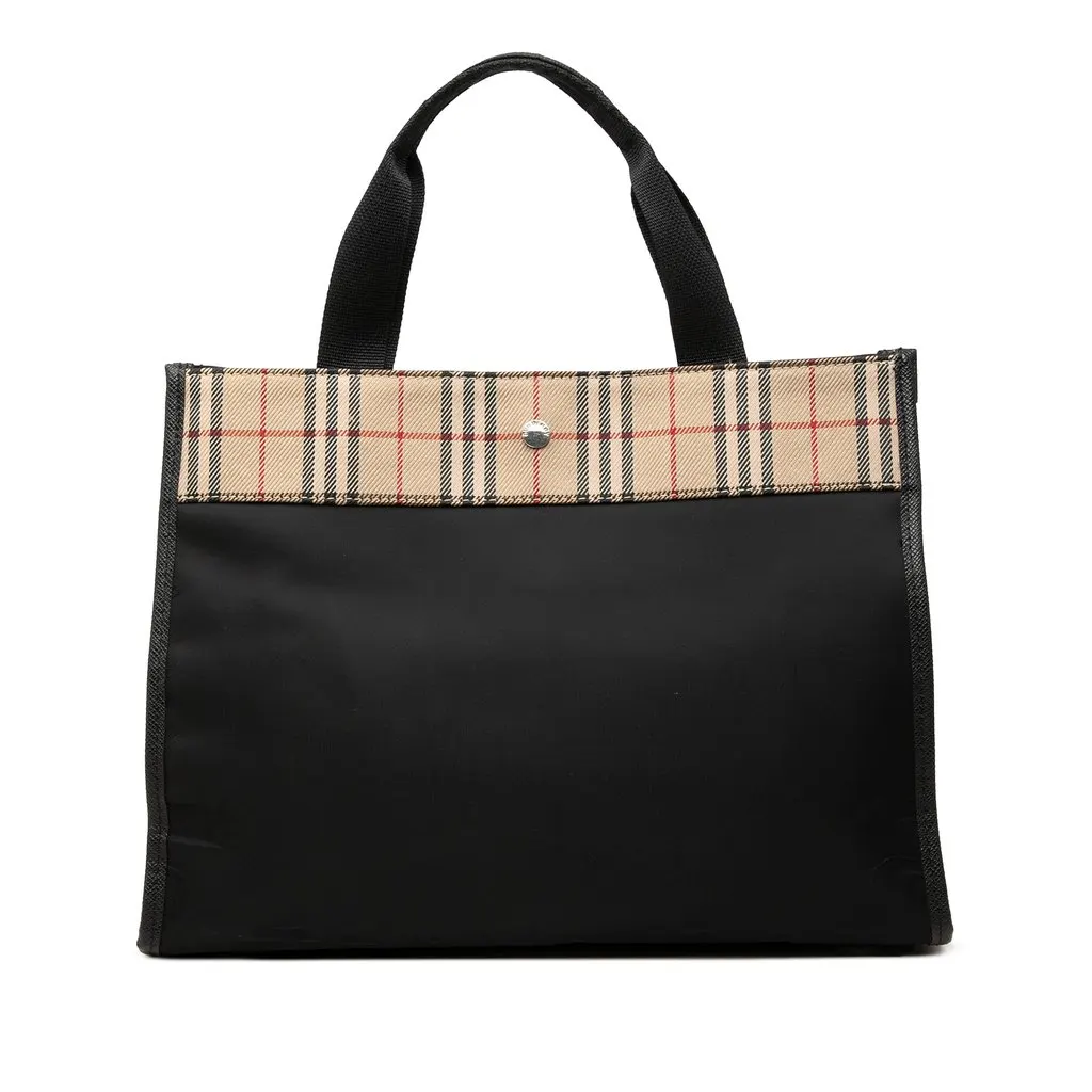 Burberry House Check Canvas Trimmed Nylon Tote Black Polyamide Good - Front View