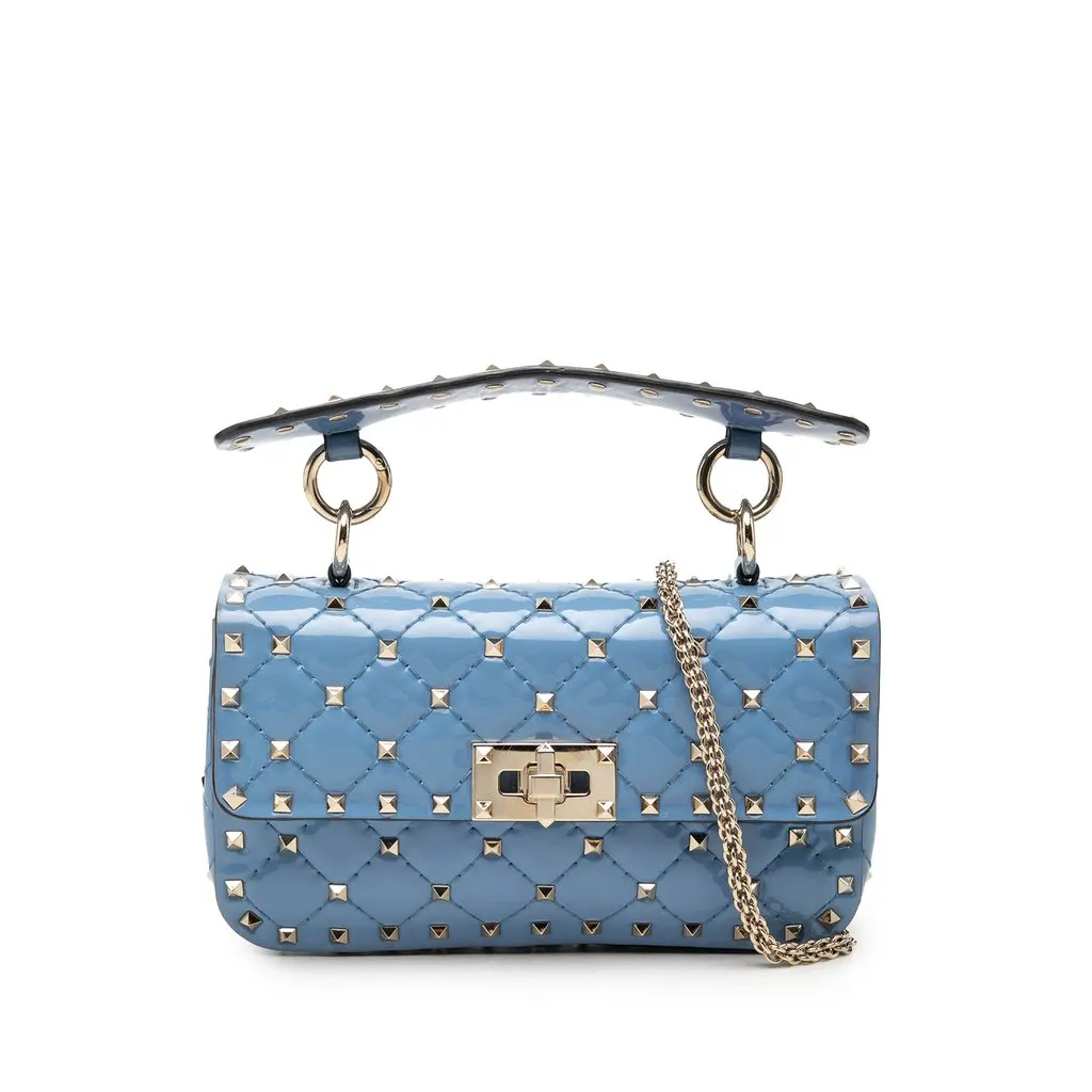 Valentino Small Patent Rockstud Spike Satchel Blue Leather Good - Front View