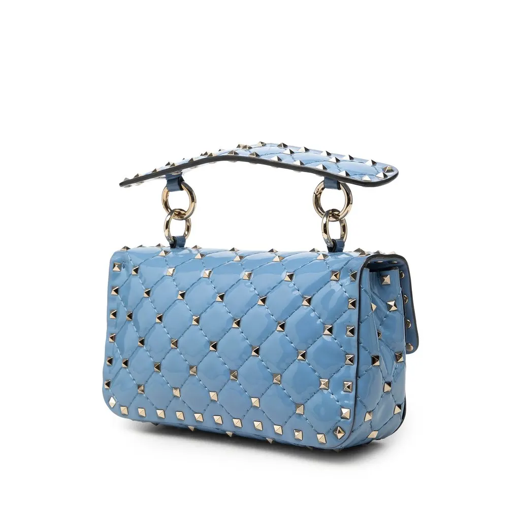 Valentino Small Patent Rockstud Spike Satchel Blue Leather Good - Back View