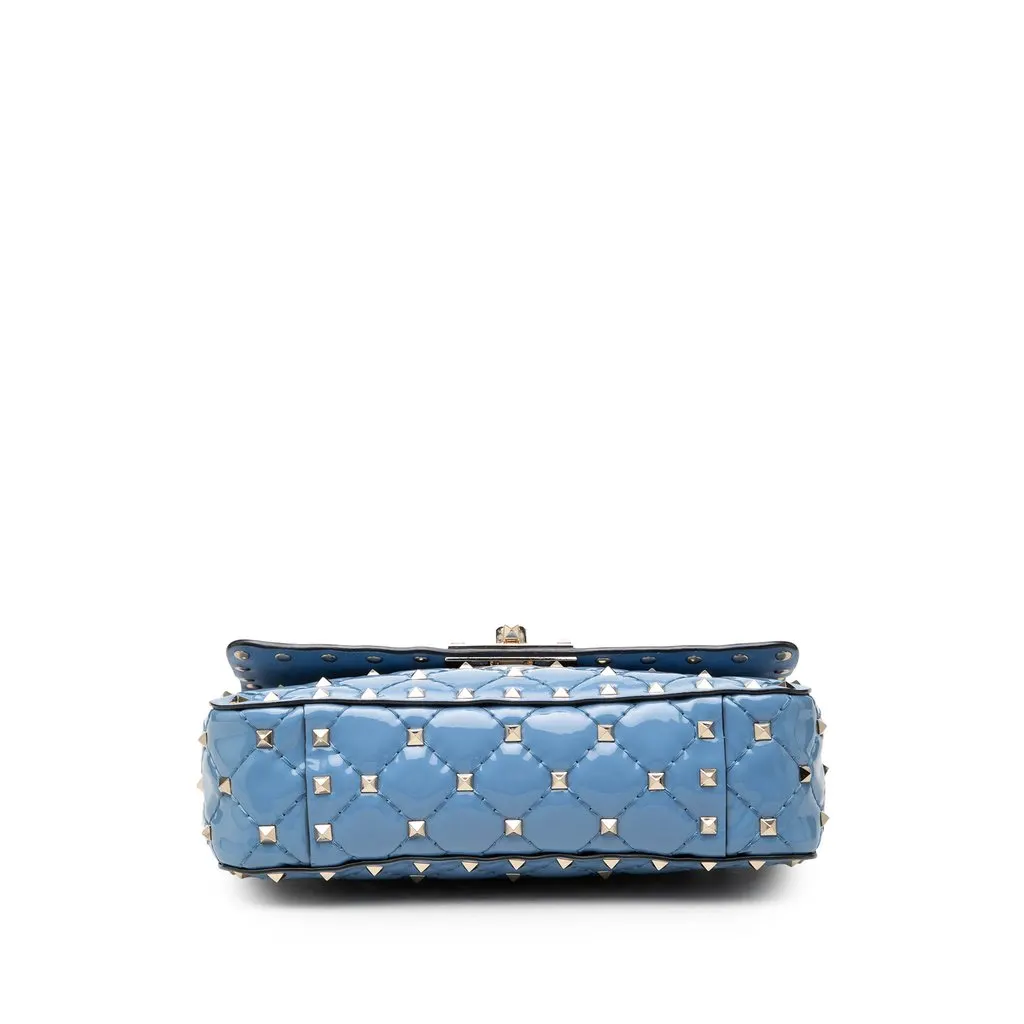 Valentino Small Patent Rockstud Spike Satchel Blue Leather Good - Inside View