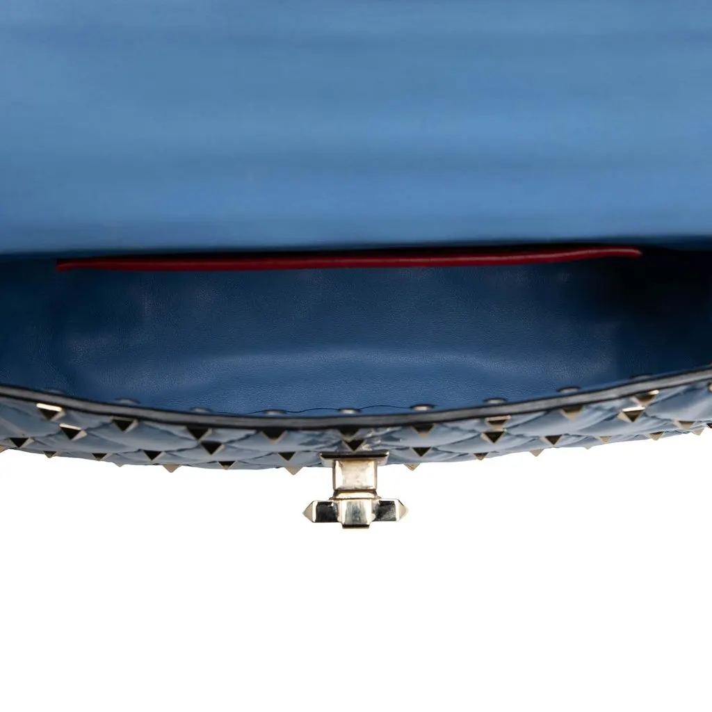 Valentino Small Patent Rockstud Spike Satchel Blue Leather Good - Box View