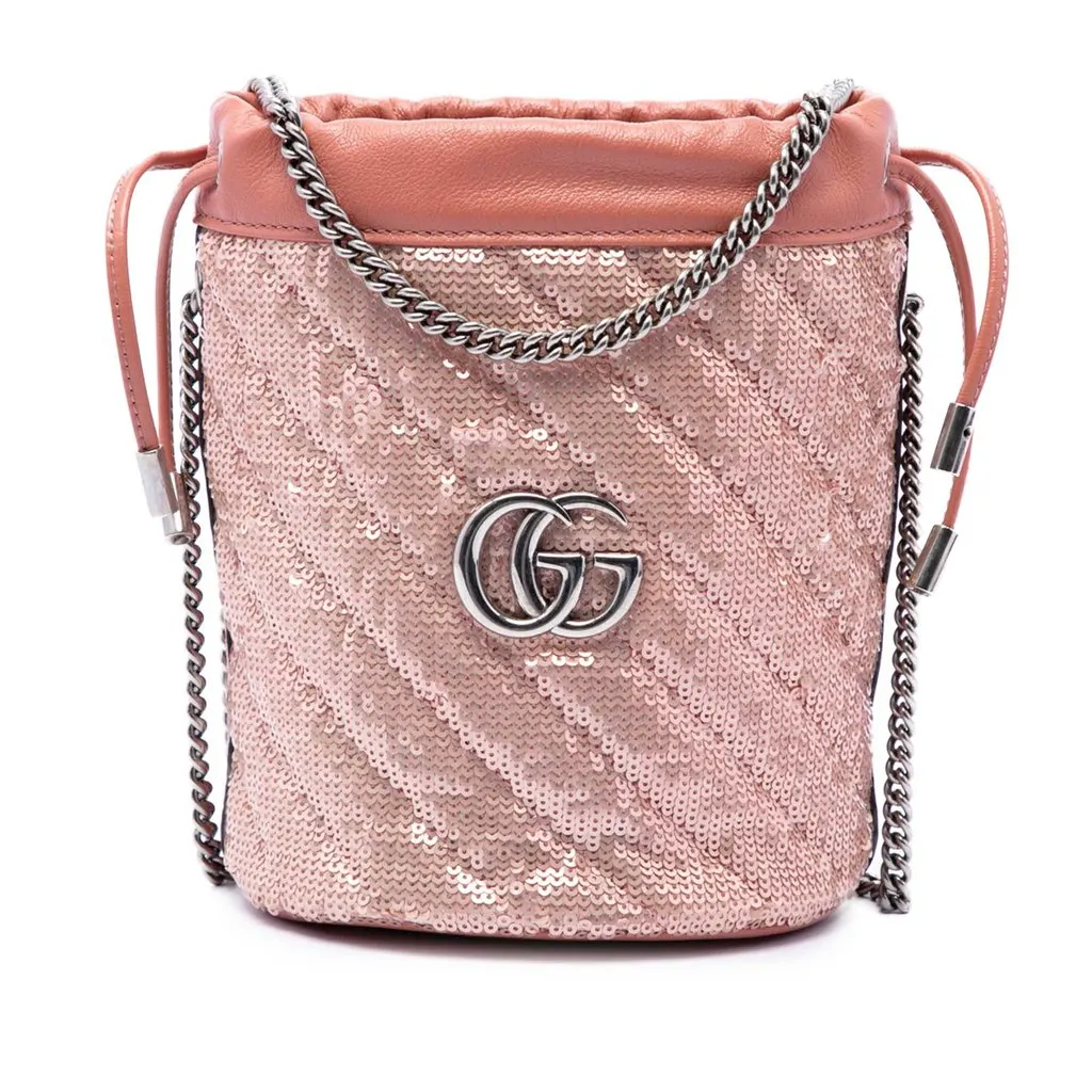 Gucci Small GG Marmont Sequined Diagonal Matelasse Calfskin Bucket Bag Pink Leather Very good - Front View