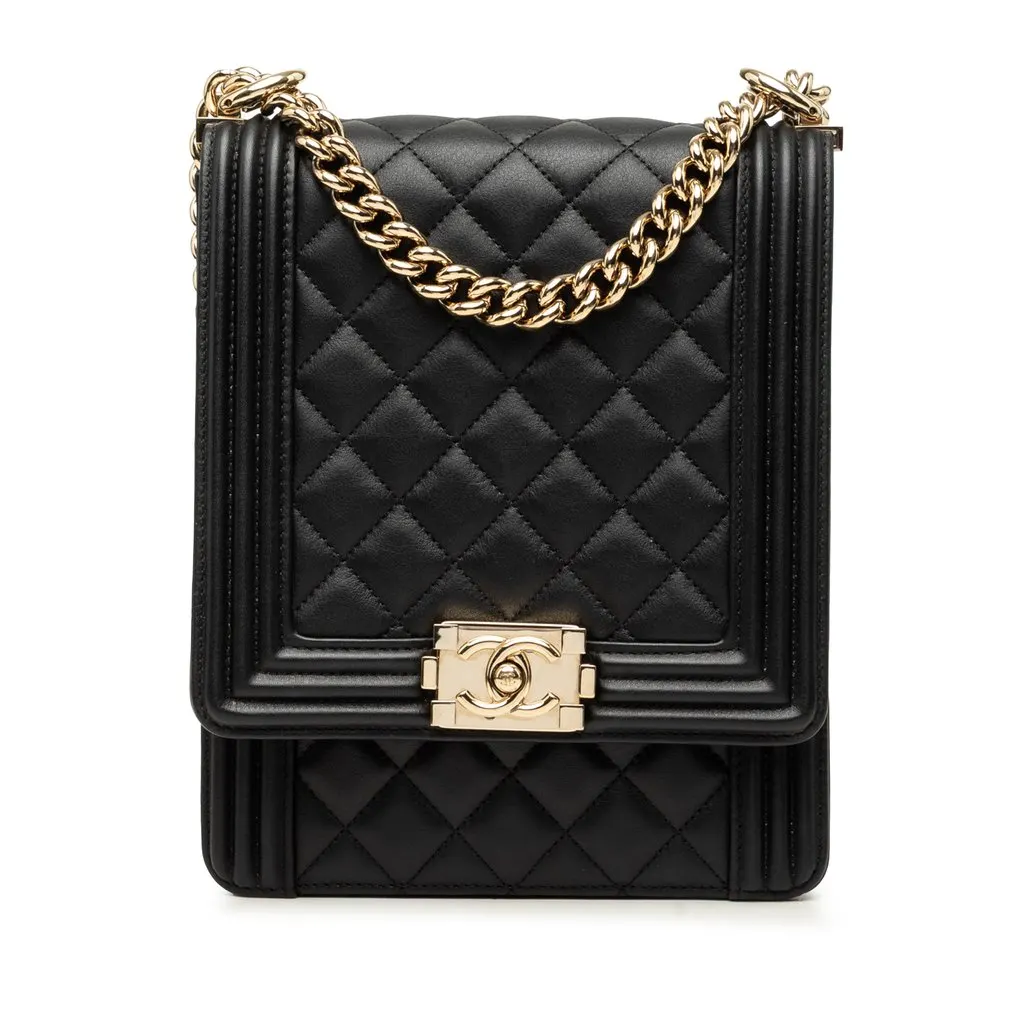 Chanel Quilted Lambskin North South Boy Flap Black Leather Very good - Front View