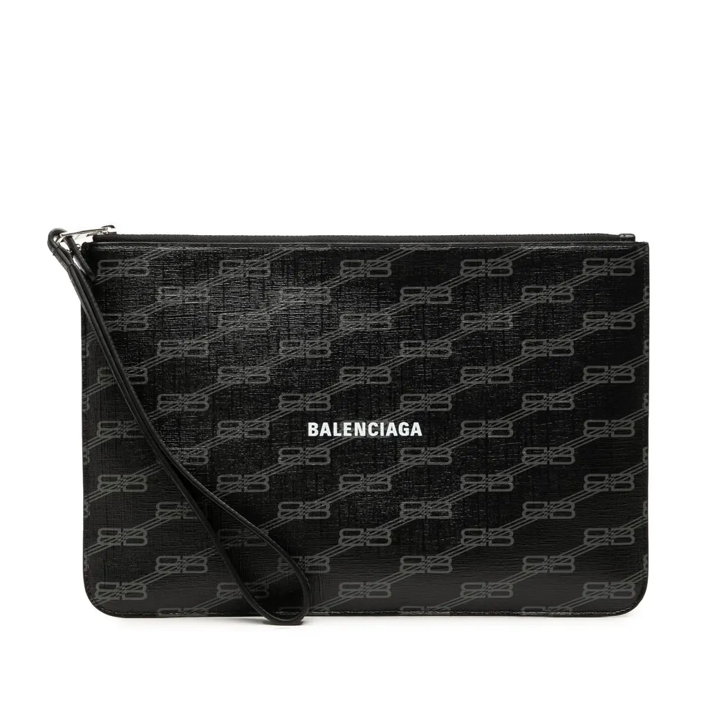 Balenciaga BB Monogram Coated Canvas Wristlet Clutch Black Canvas Very good - Front View