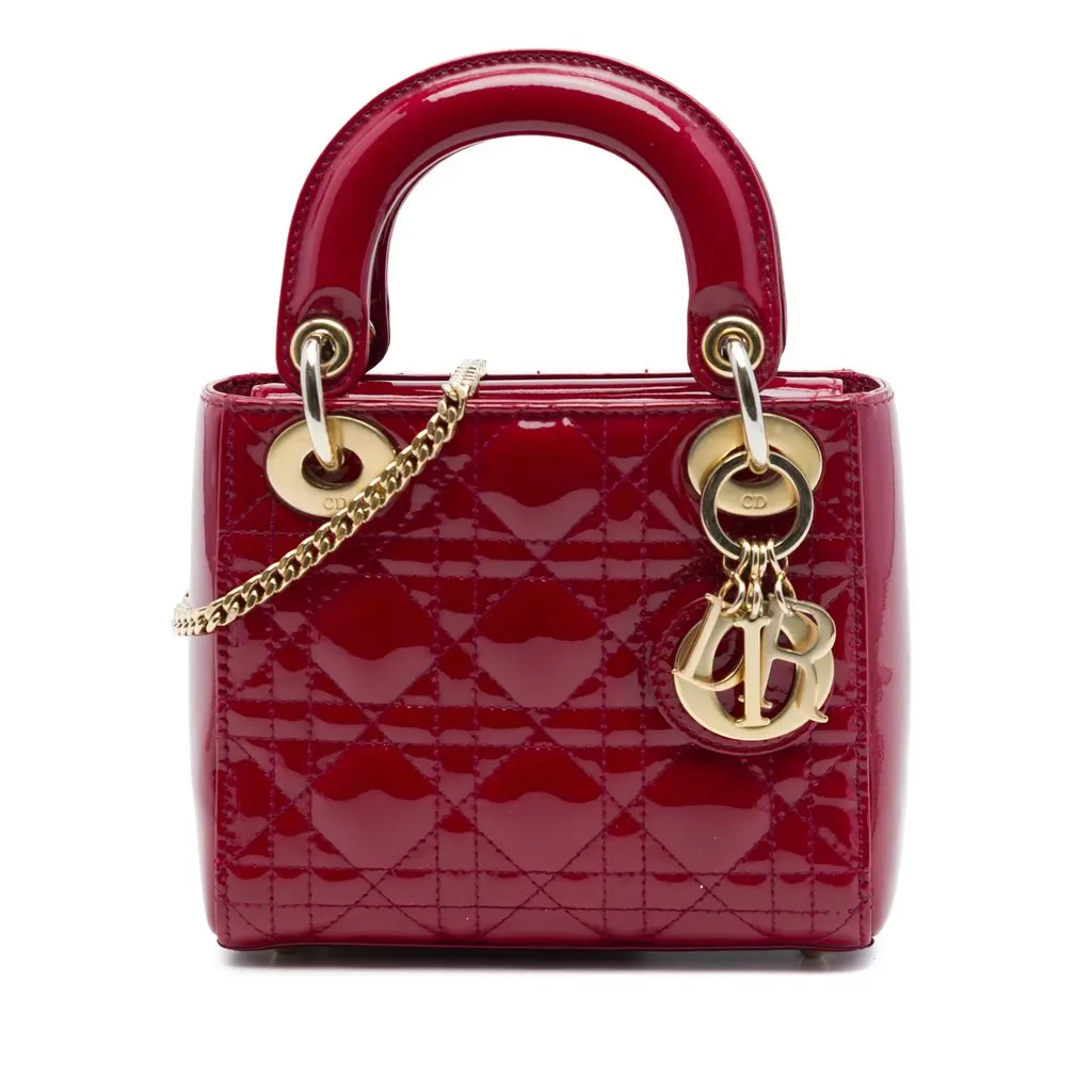 Dior Mini Patent Cannage Lady Dior Red Leather Good - Front View