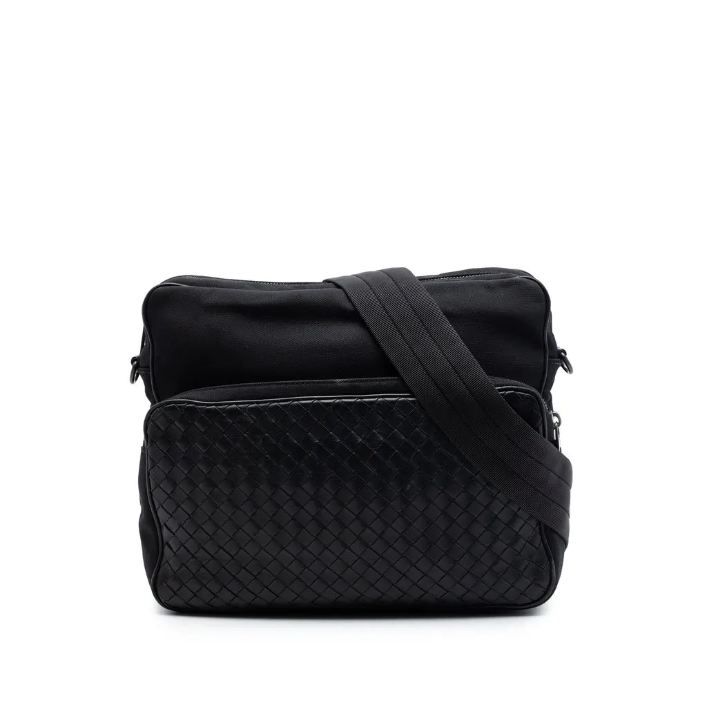 Bottega Veneta Nappa Intrecciato Trimmed Canvas Messenger Bag Black Leather Very good - Front View