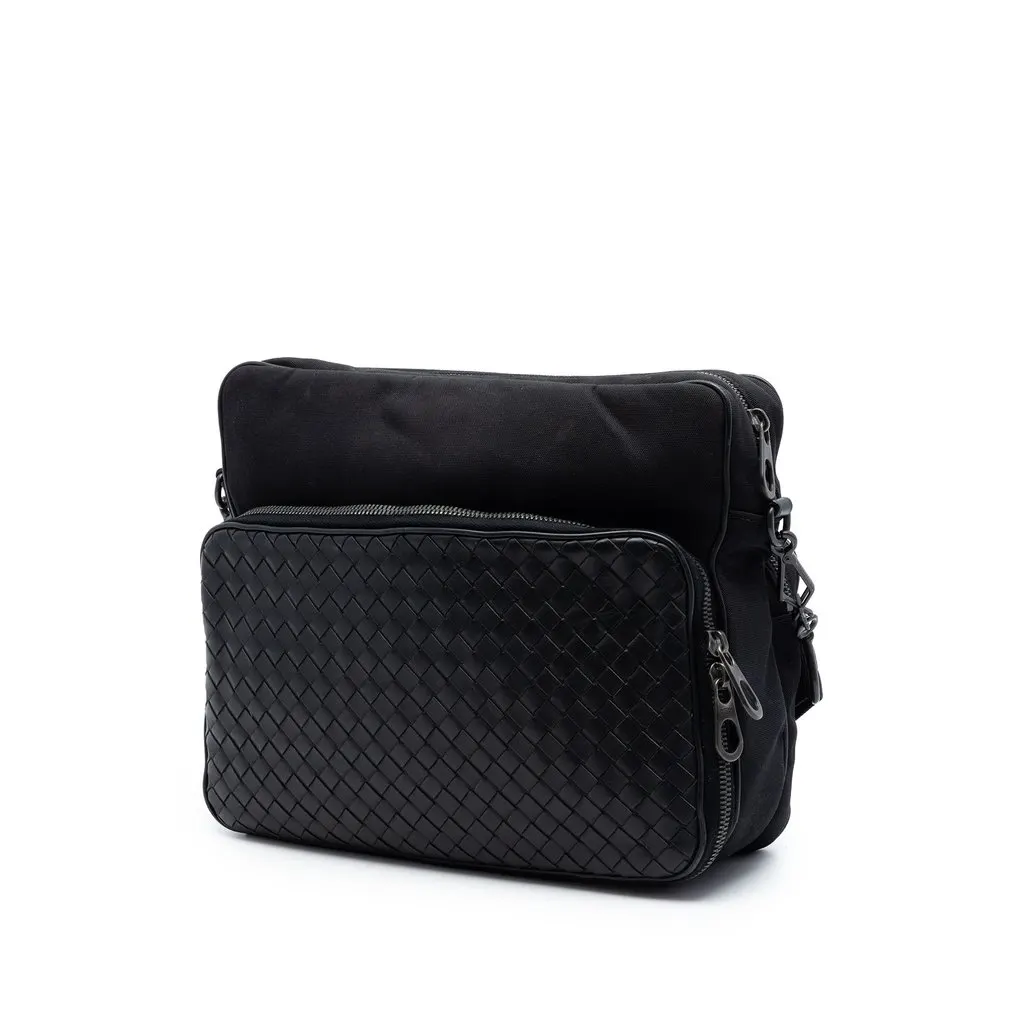Bottega Veneta Nappa Intrecciato Trimmed Canvas Messenger Bag Black Leather Very good - Back View