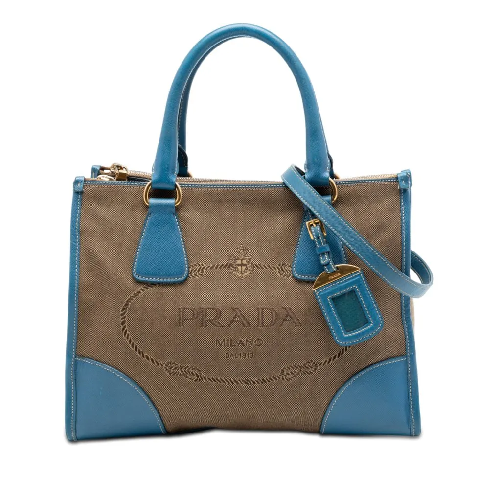 Prada Saffiano Trimmed Canvas Canapa Logo Double Zip Satchel Brown Very good - Front View
