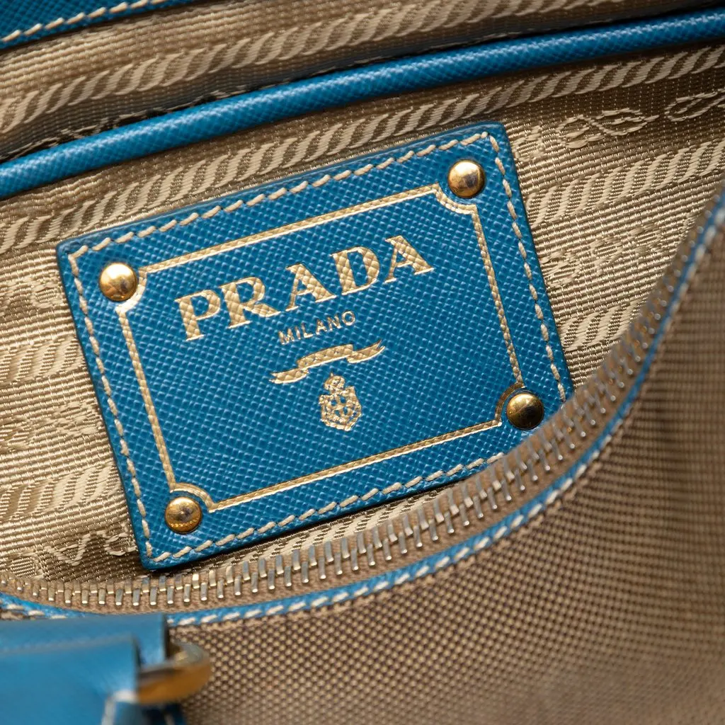 Prada Saffiano Trimmed Canvas Canapa Logo Double Zip Satchel Brown Very good - Box View