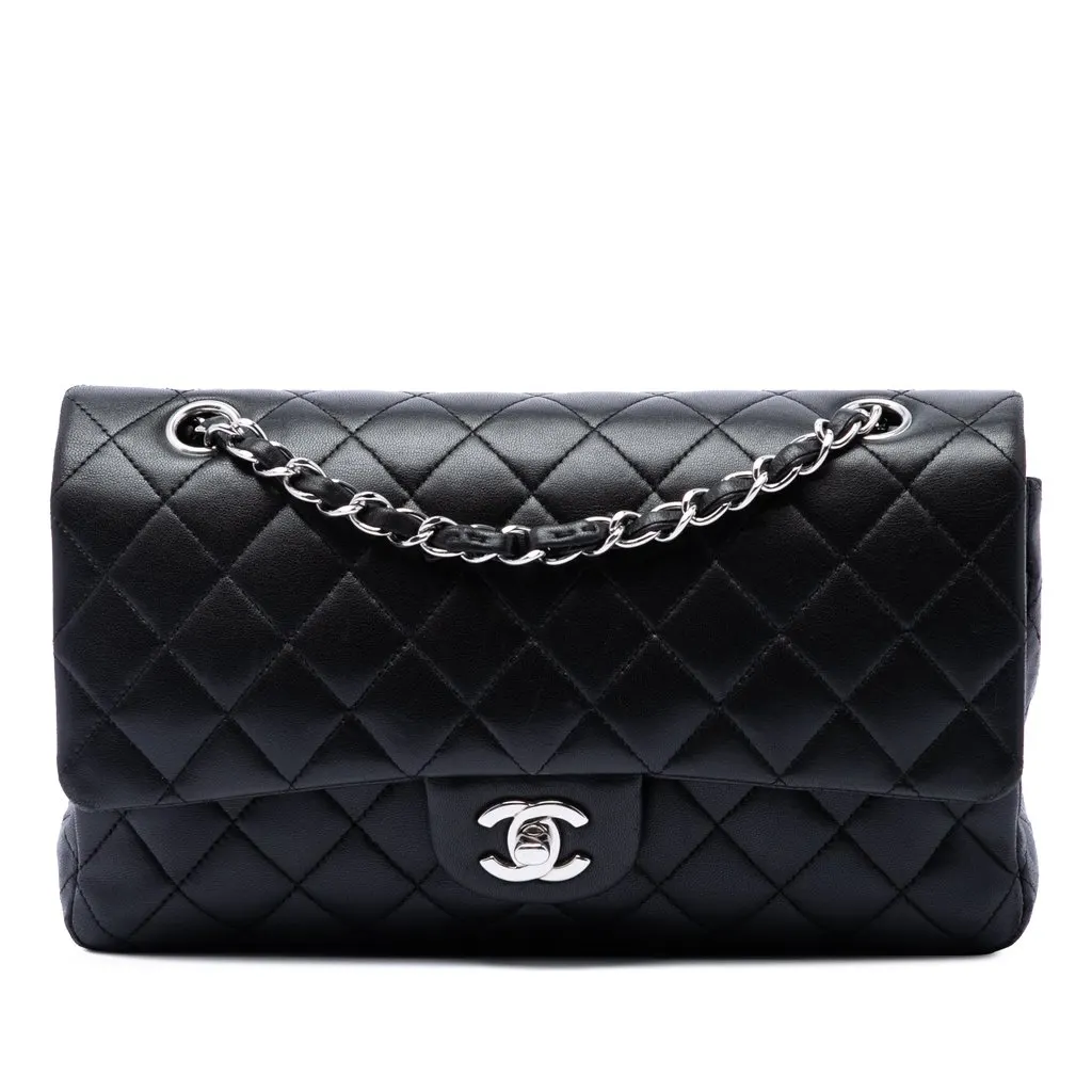 Chanel Medium Classic Lambskin Double Flap Black Leather Very good - Front View