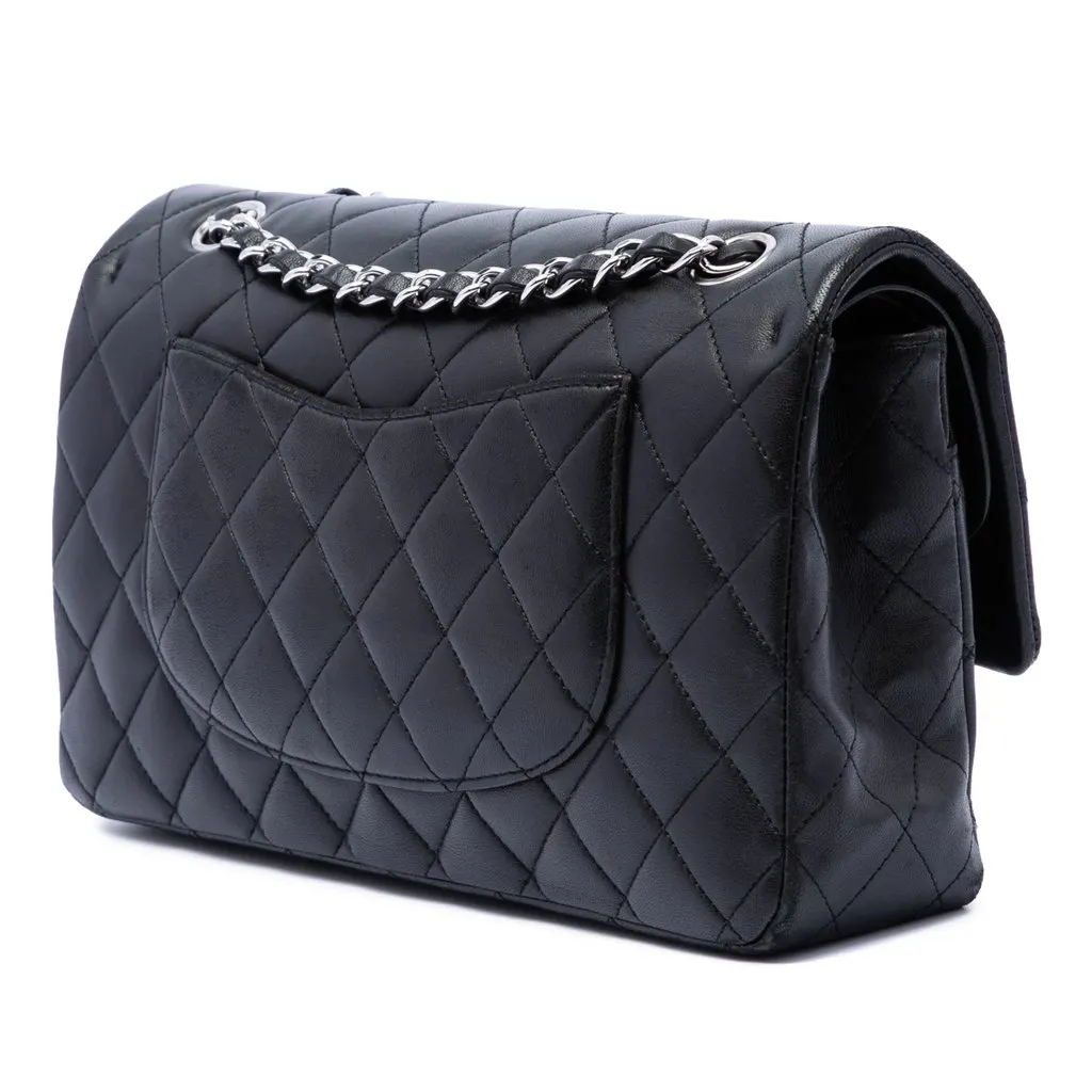 Chanel Medium Classic Lambskin Double Flap Black Leather Very good - Back View