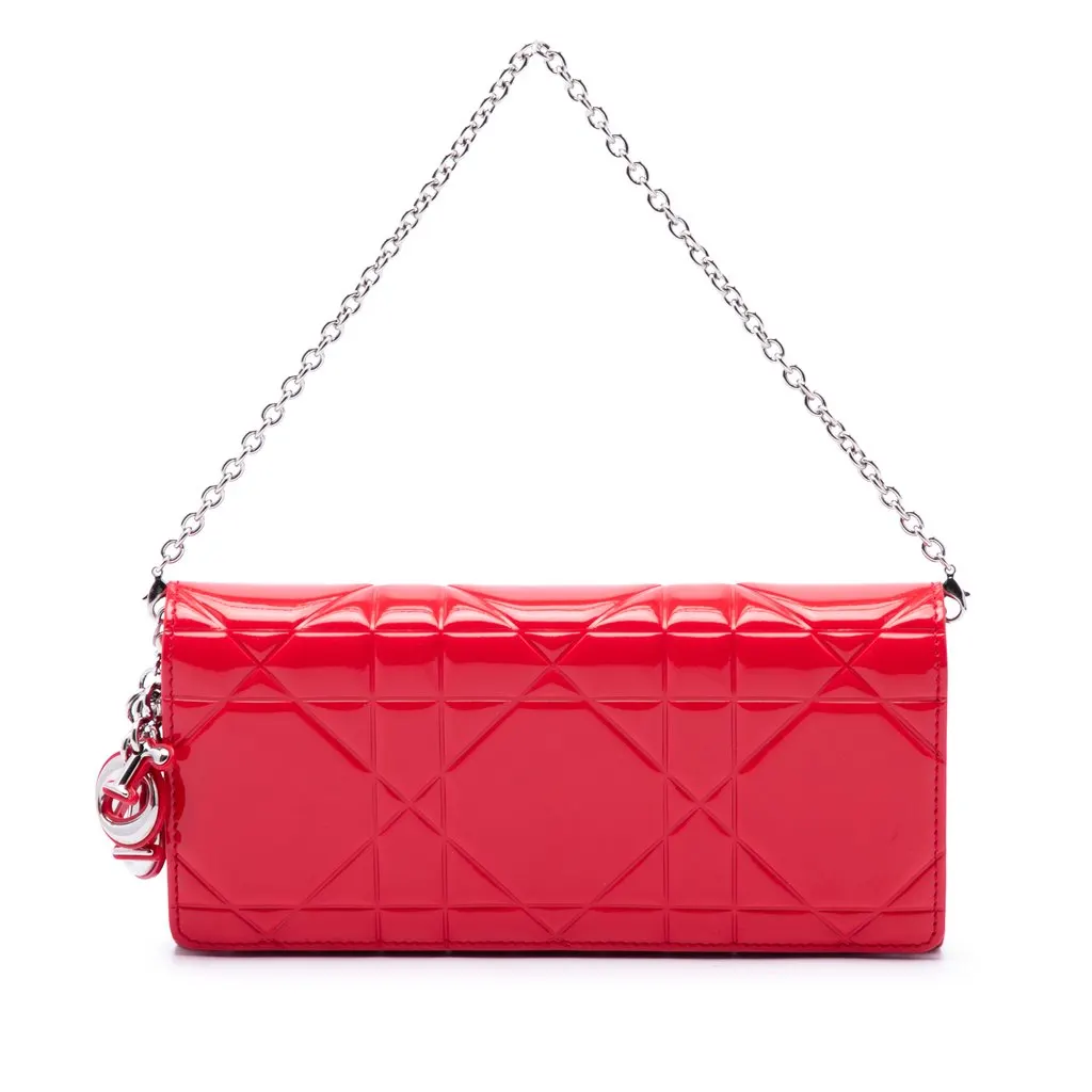 Dior Patent Cannage Embossed Lady Dior Rendez Vous Short Chain Wallet Red Leather Very good - Front View
