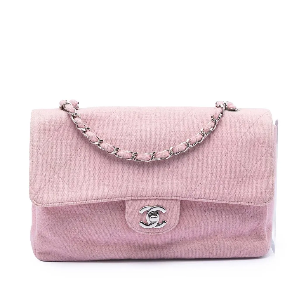 Chanel Medium Classic Jersey Single Flap Pink Very good - Front View
