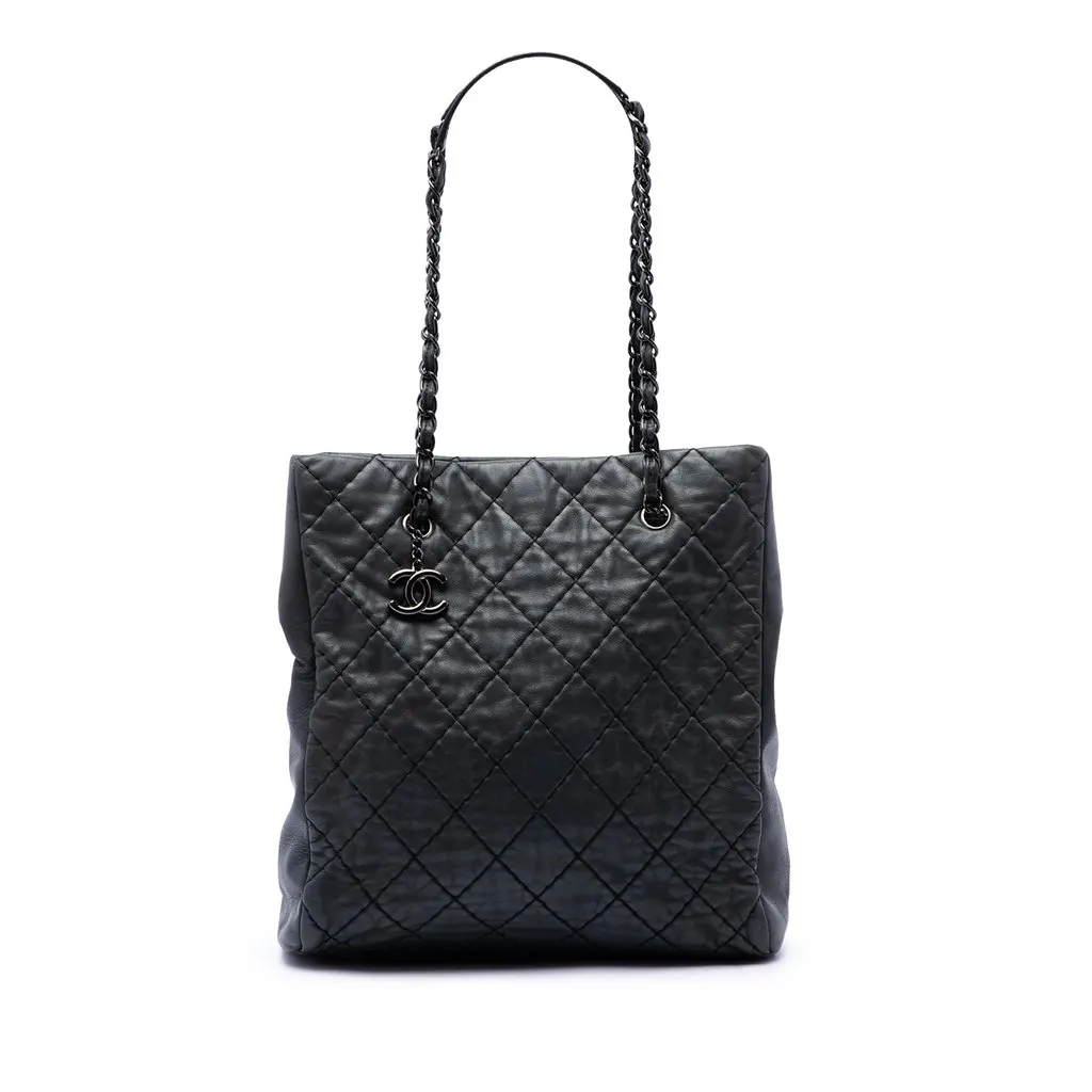 Chanel CC Quilted Lambskin Wild Stitch Chain Tote Black Leather Very good - Front View