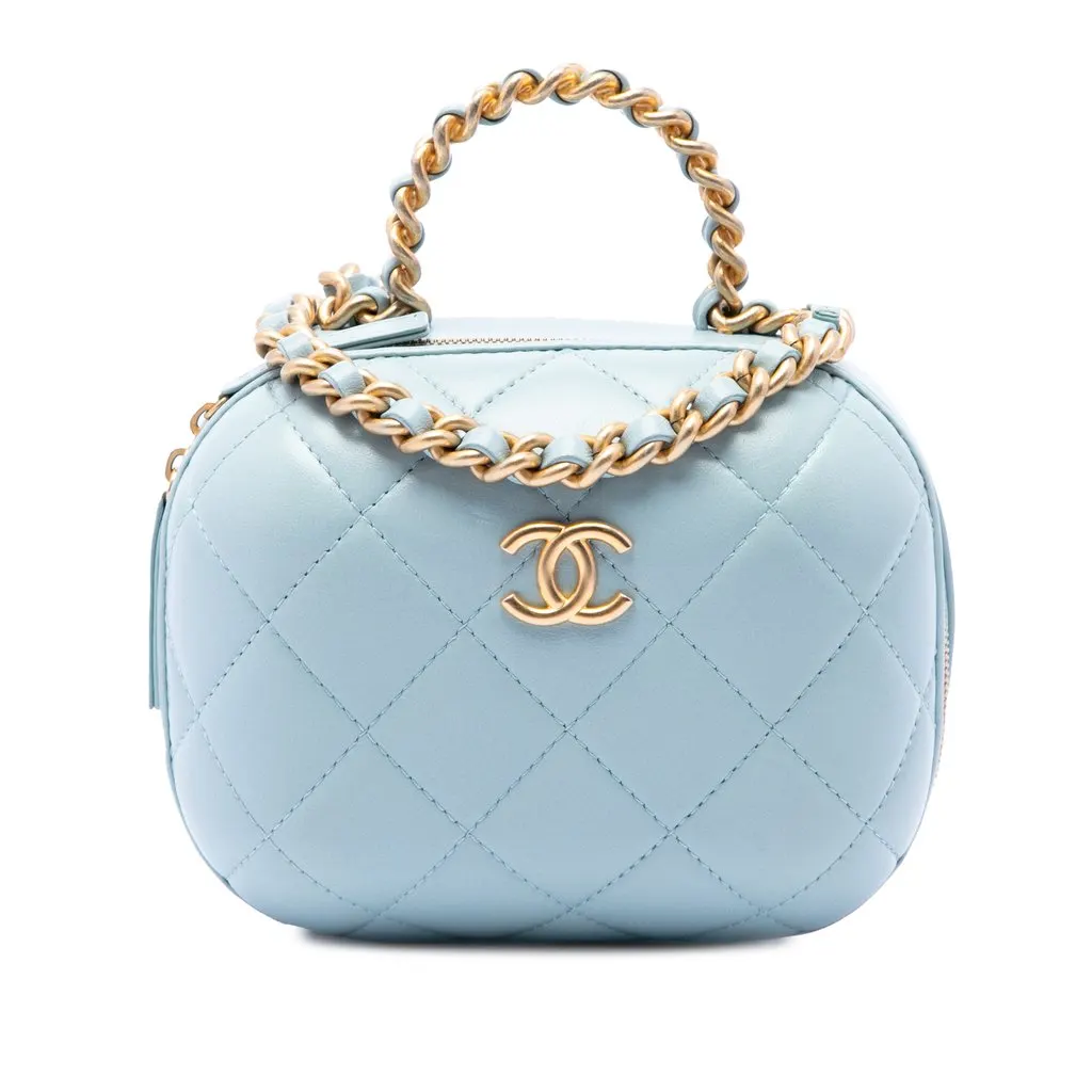 Chanel Quilted Lambskin CC Bubble Vanity Case With Chain Blue Leather Very good - Front View