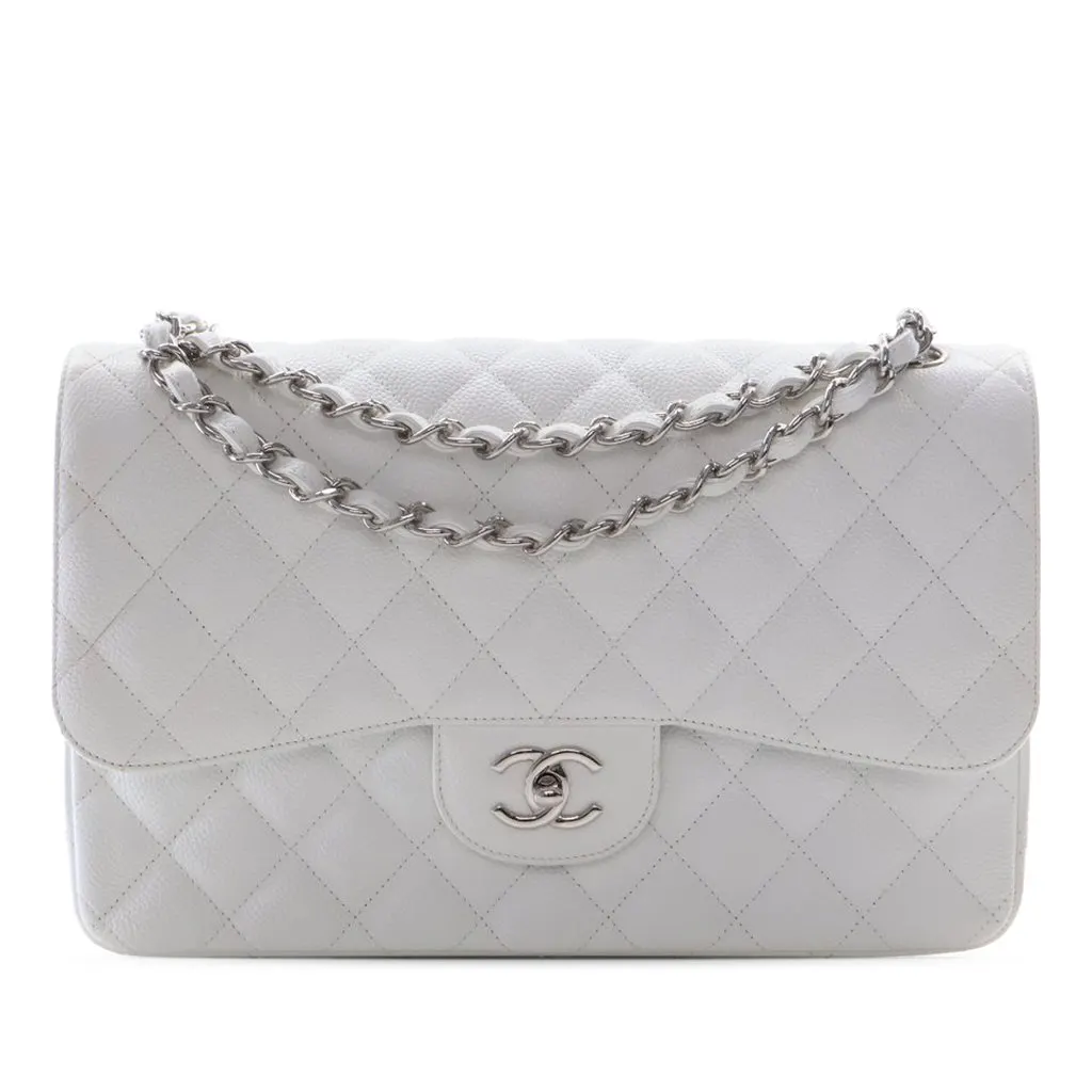 Chanel Jumbo Classic Caviar Double Flap White Leather Very good - Front View