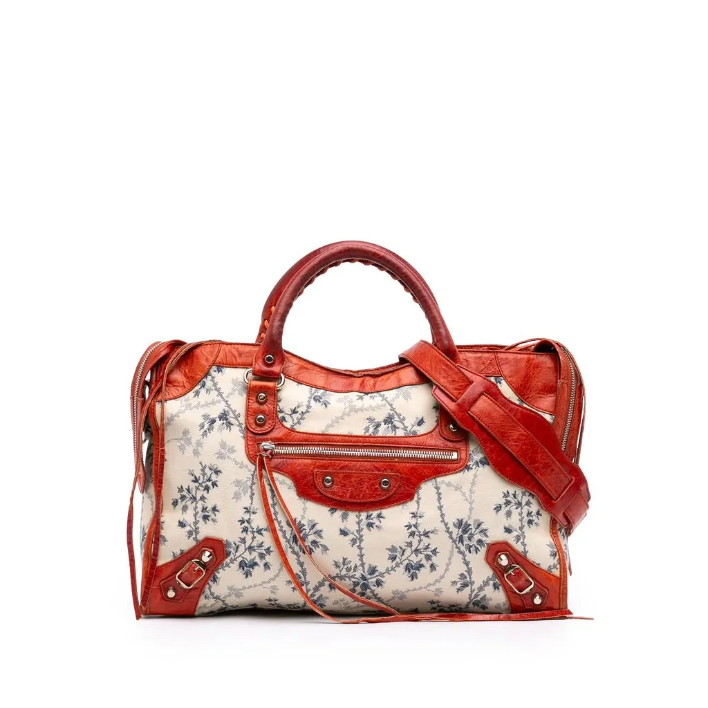 Balenciaga Canvas Floral Print and Leather Motocross Classic City Satchel White Good - Front View
