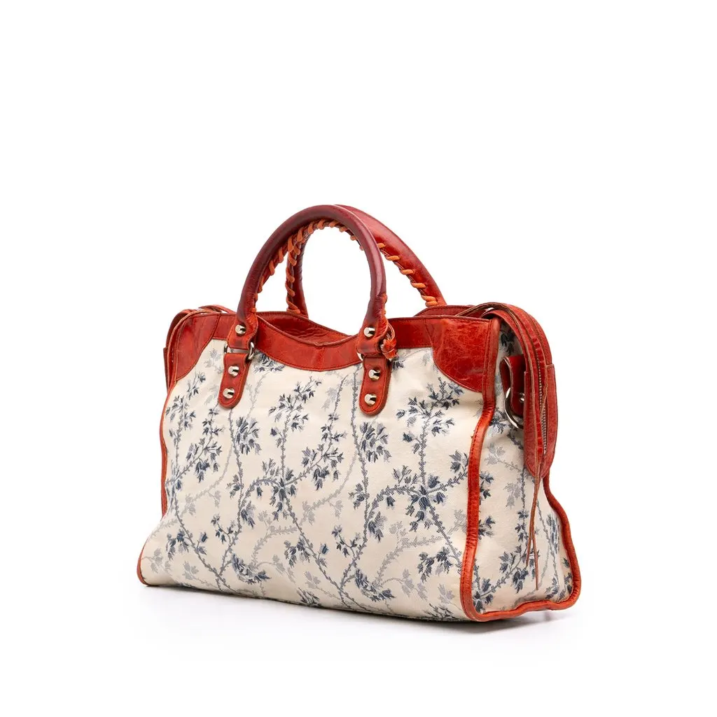 Balenciaga Canvas Floral Print and Leather Motocross Classic City Satchel White Good - Back View