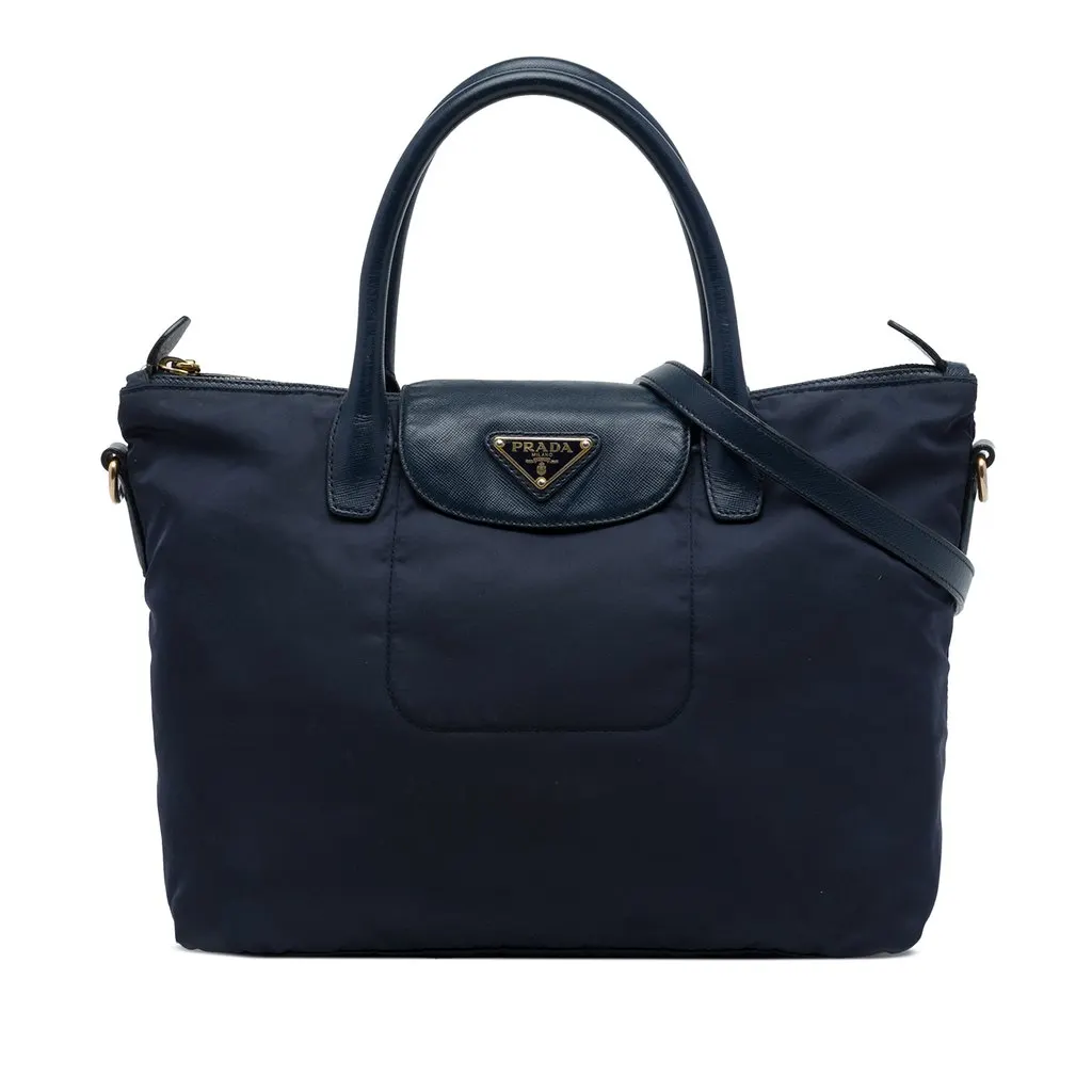 Prada Saffiano Trimmed Tessuto Satchel Blue Polyamide Very good - Front View