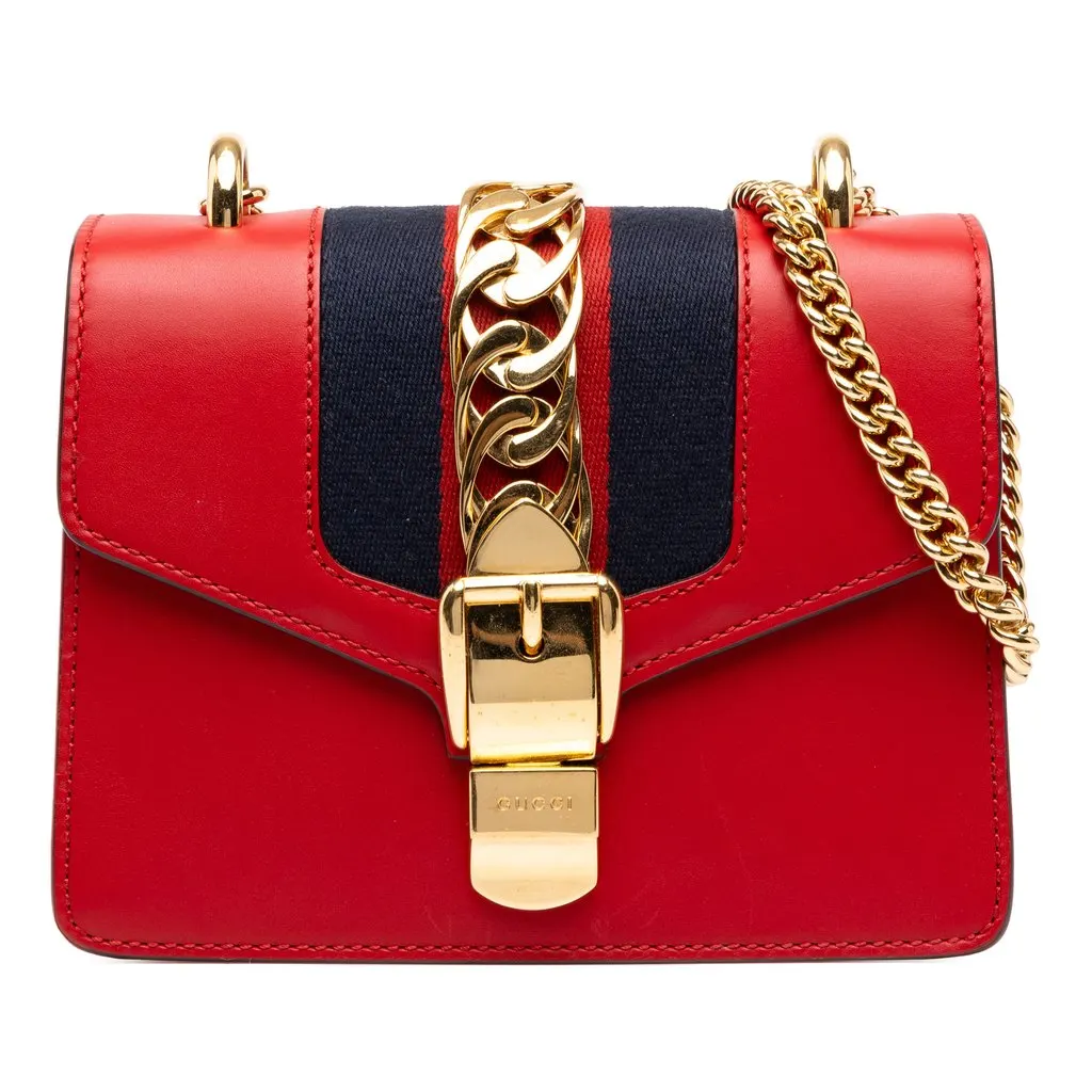 Gucci Mini Calfskin Web Sylvie Chain Satchel Red Leather Very good - Front View
