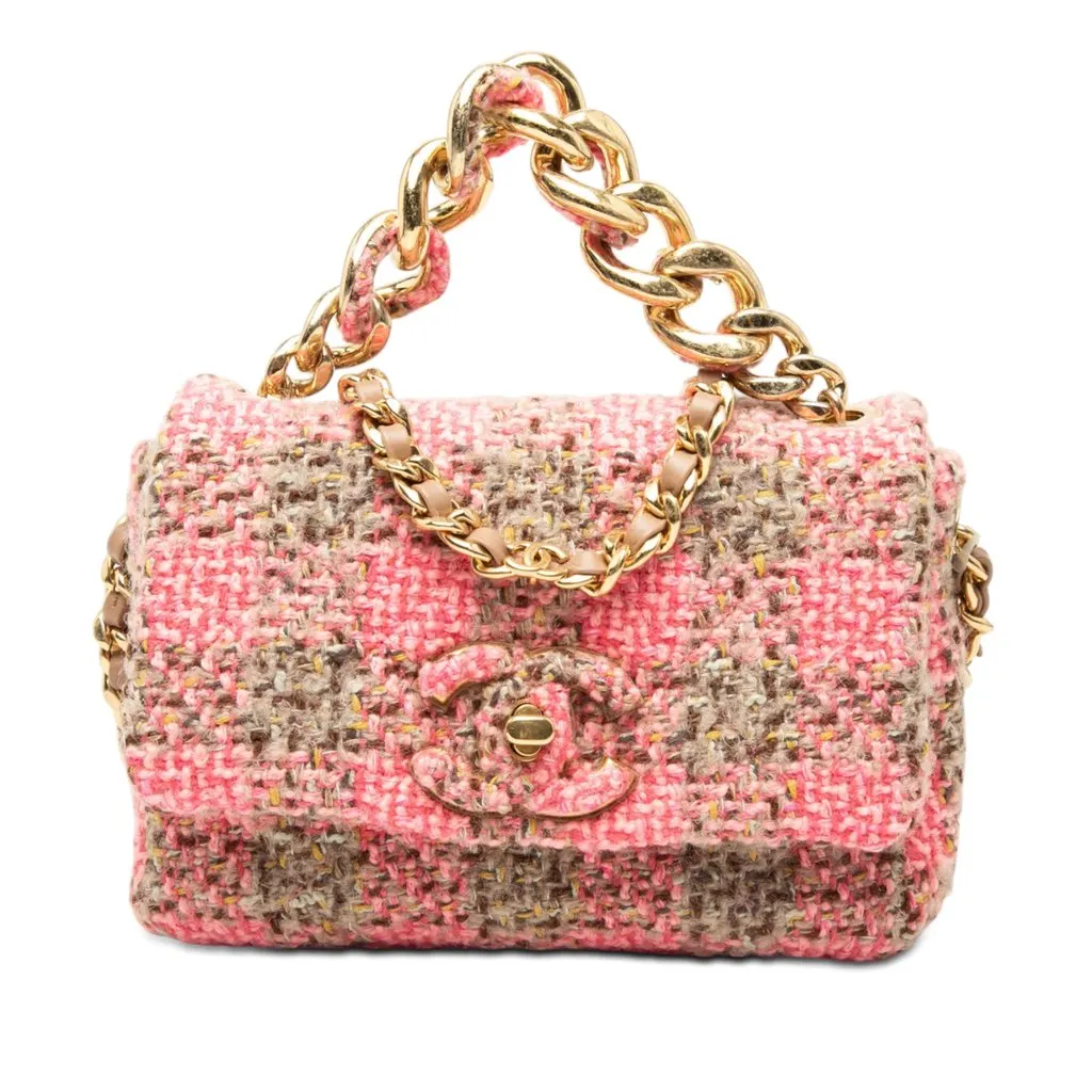 Chanel Small Quilted Wool Tweed Elegant Chain Flap Pink Very good - Front View