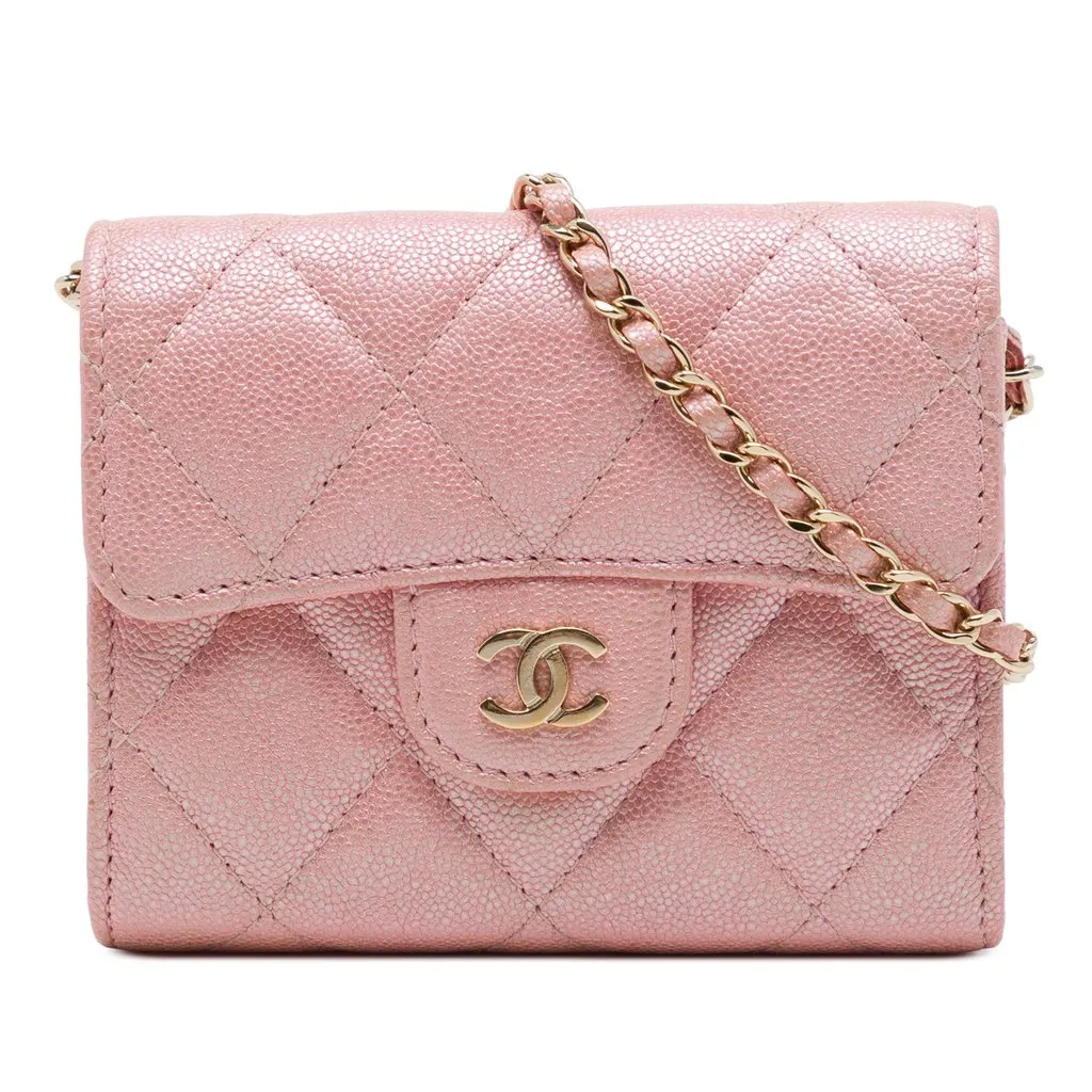Chanel CC Quilted Iridescent Caviar Flap Card Holder on Chain Pink Leather Very good - Front View
