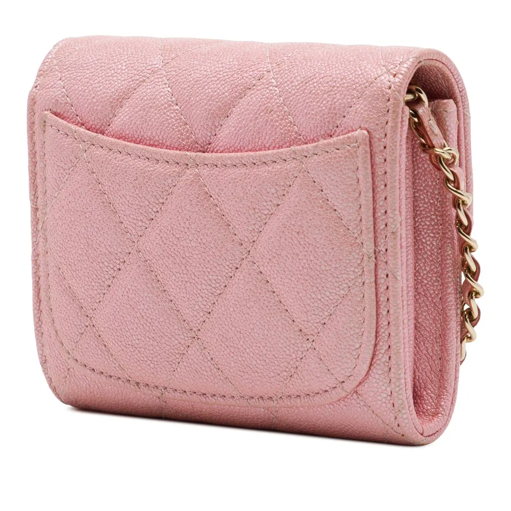 Chanel CC Quilted Iridescent Caviar Flap Card Holder on Chain Pink Leather Very good - Back View