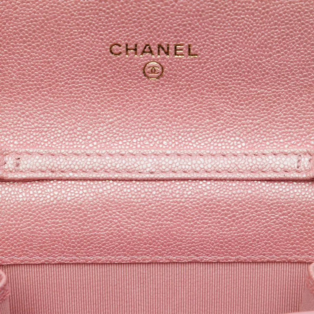 Chanel CC Quilted Iridescent Caviar Flap Card Holder on Chain Pink Leather Very good - Box View