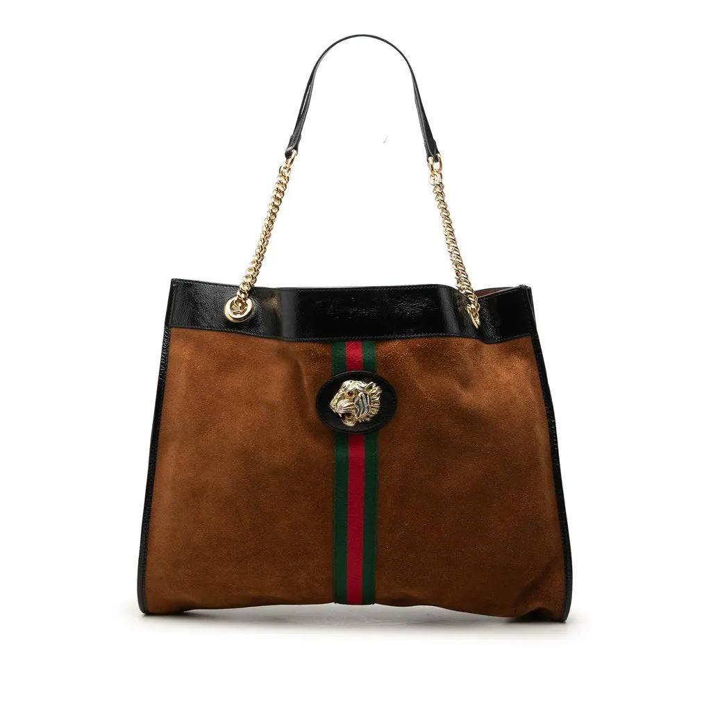 Gucci Large Suede Web Rajah Tote Brown Suede Good - Front View