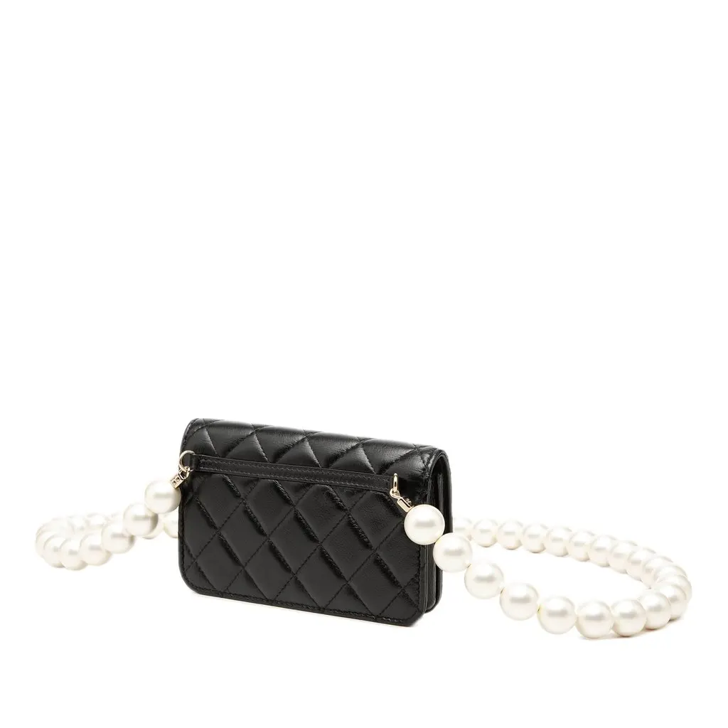 Chanel Quilted Calfskin Maxi Pearls Clutch With Chain Black Leather Very good - Back View