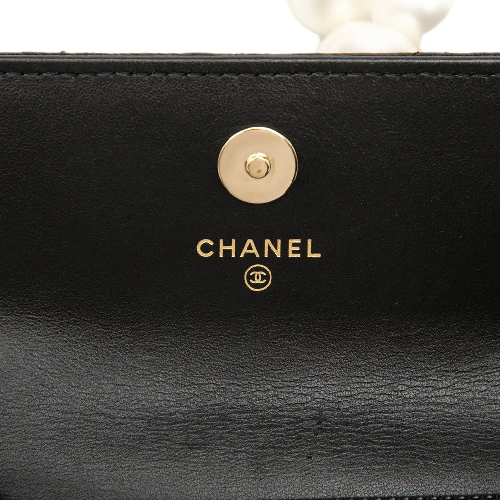 Chanel Quilted Calfskin Maxi Pearls Clutch With Chain Black Leather Very good - Box View