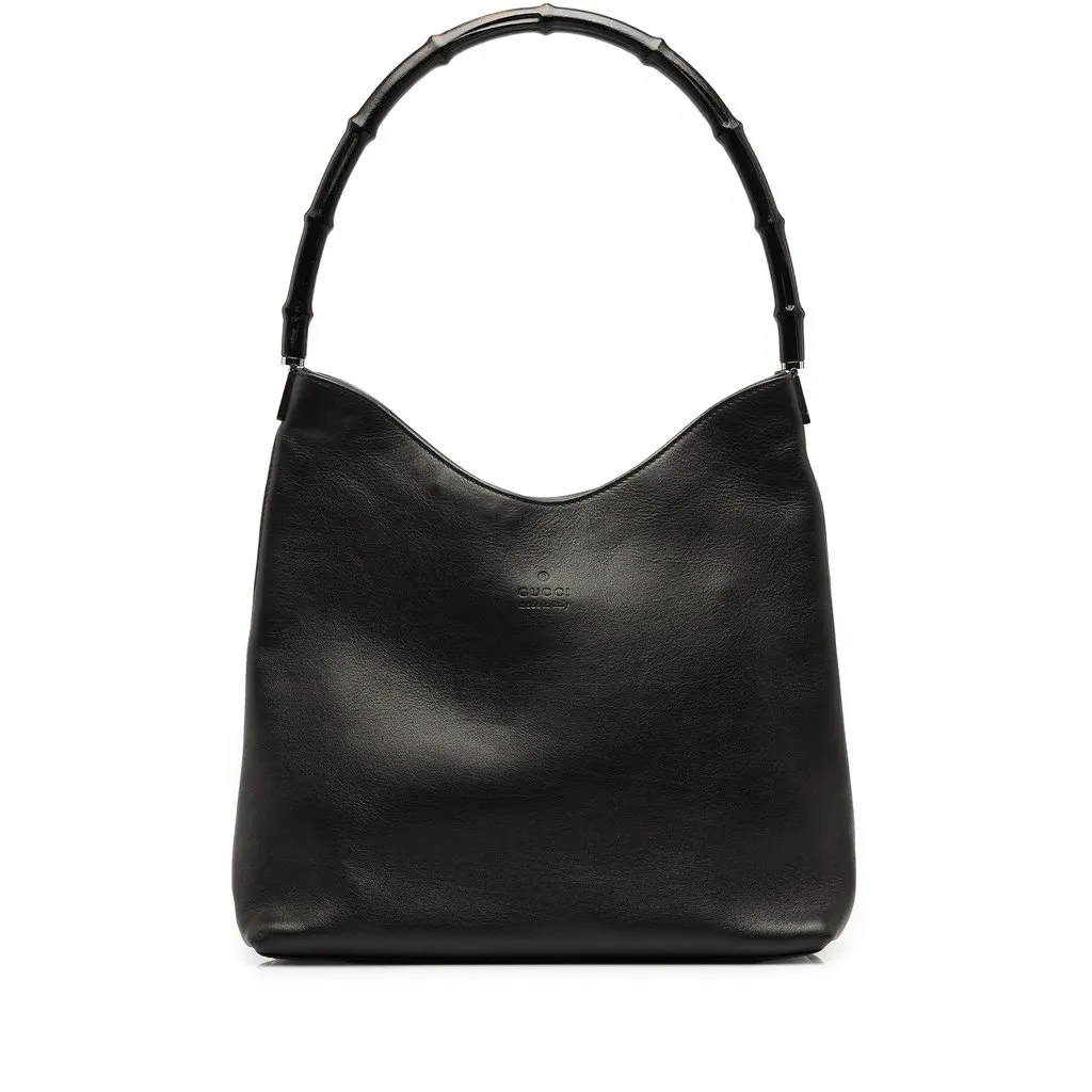 Gucci Calfskin Bamboo Shoulder Bag Black Leather Good - Front View