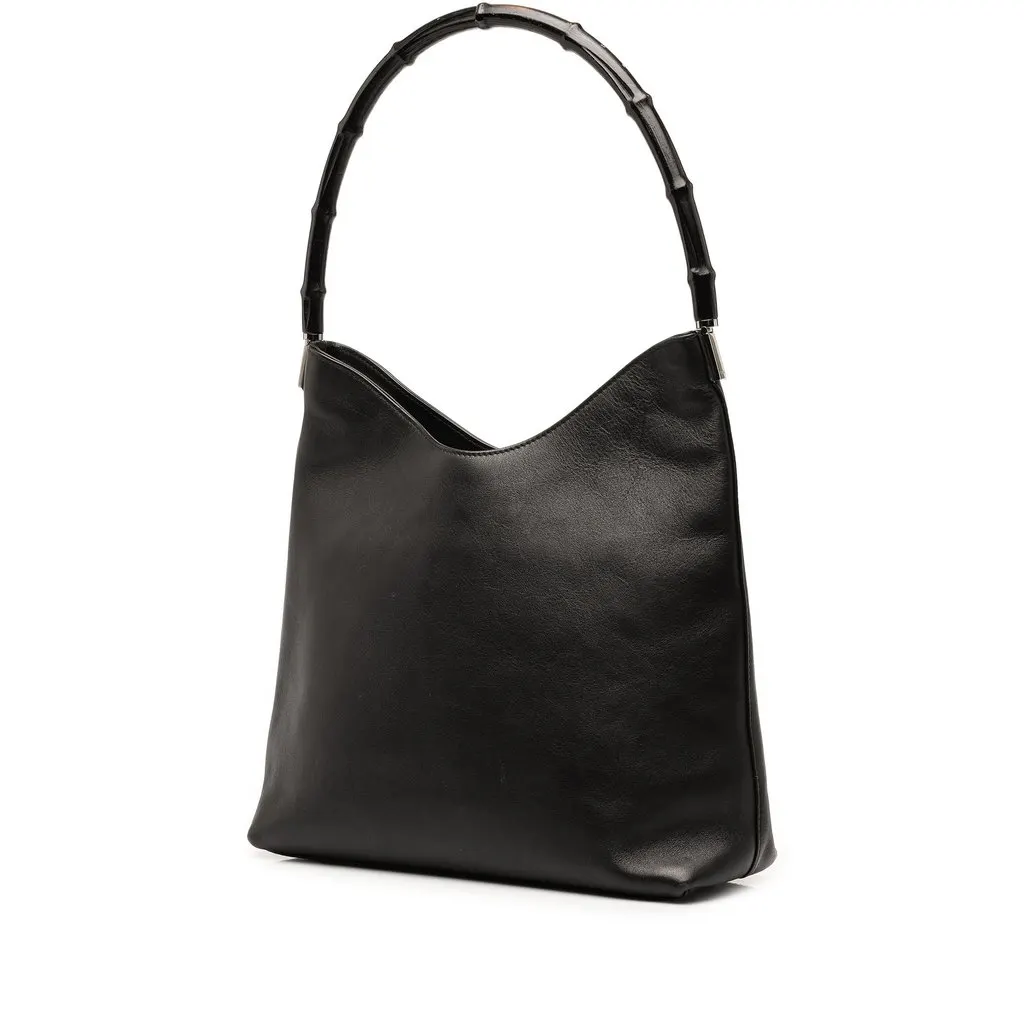 Gucci Calfskin Bamboo Shoulder Bag Black Leather Good - Back View