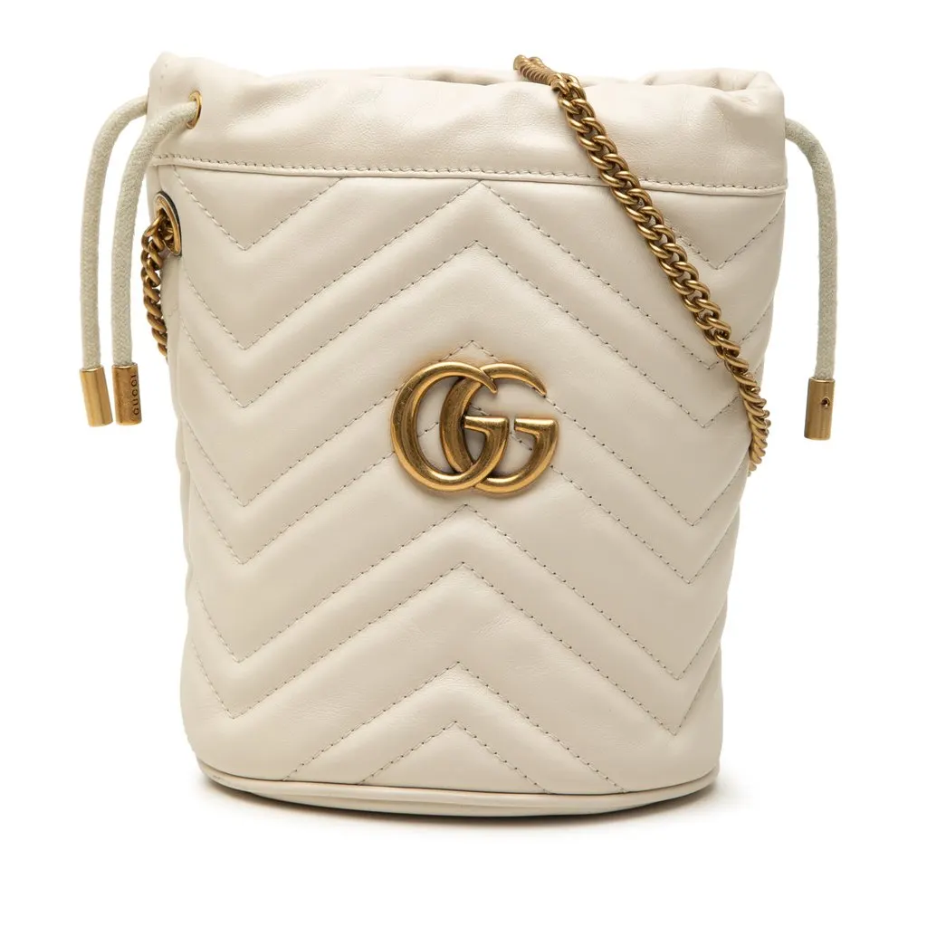 Gucci Small GG Marmont Matelasse Calfskin Bucket Bag White Leather Good - Front View