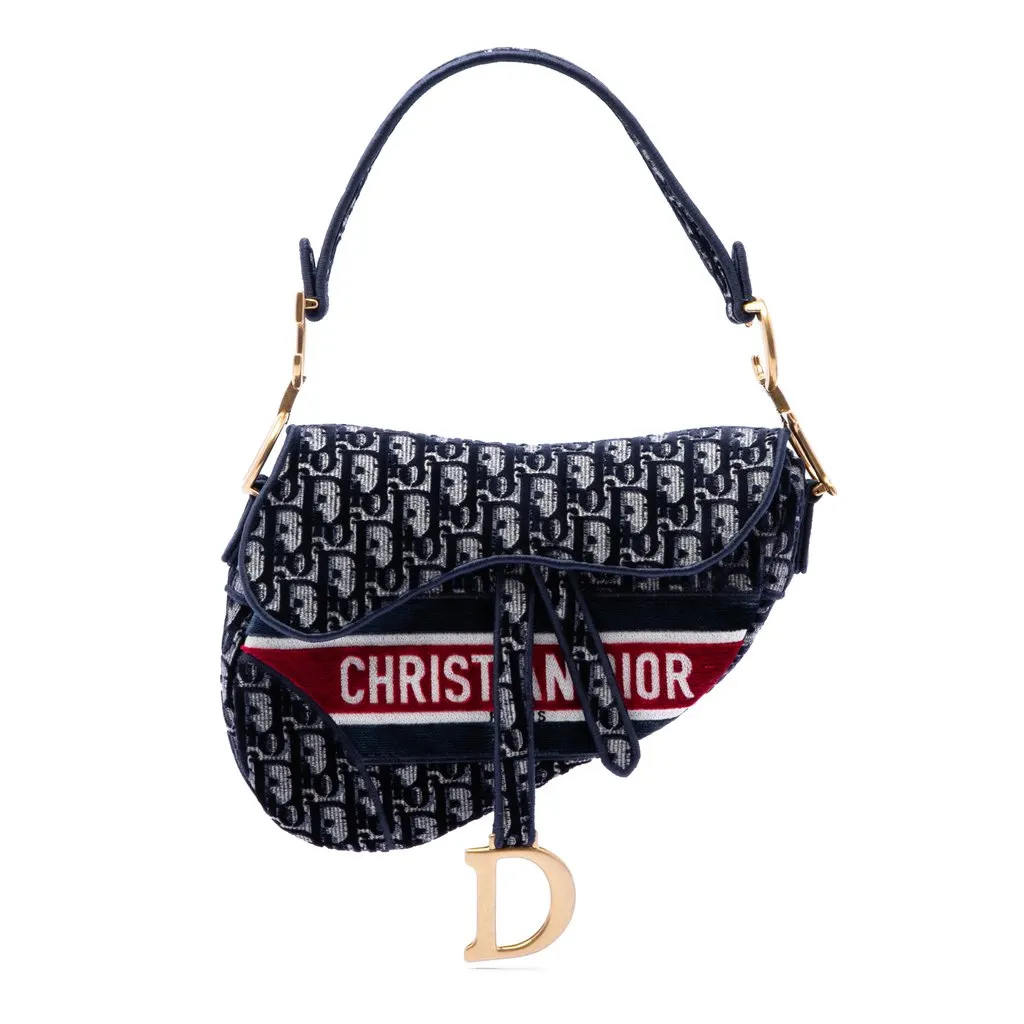 Dior Oblique Embroidered Velvet Saddle Bag Blue Velvet Very good - Front View