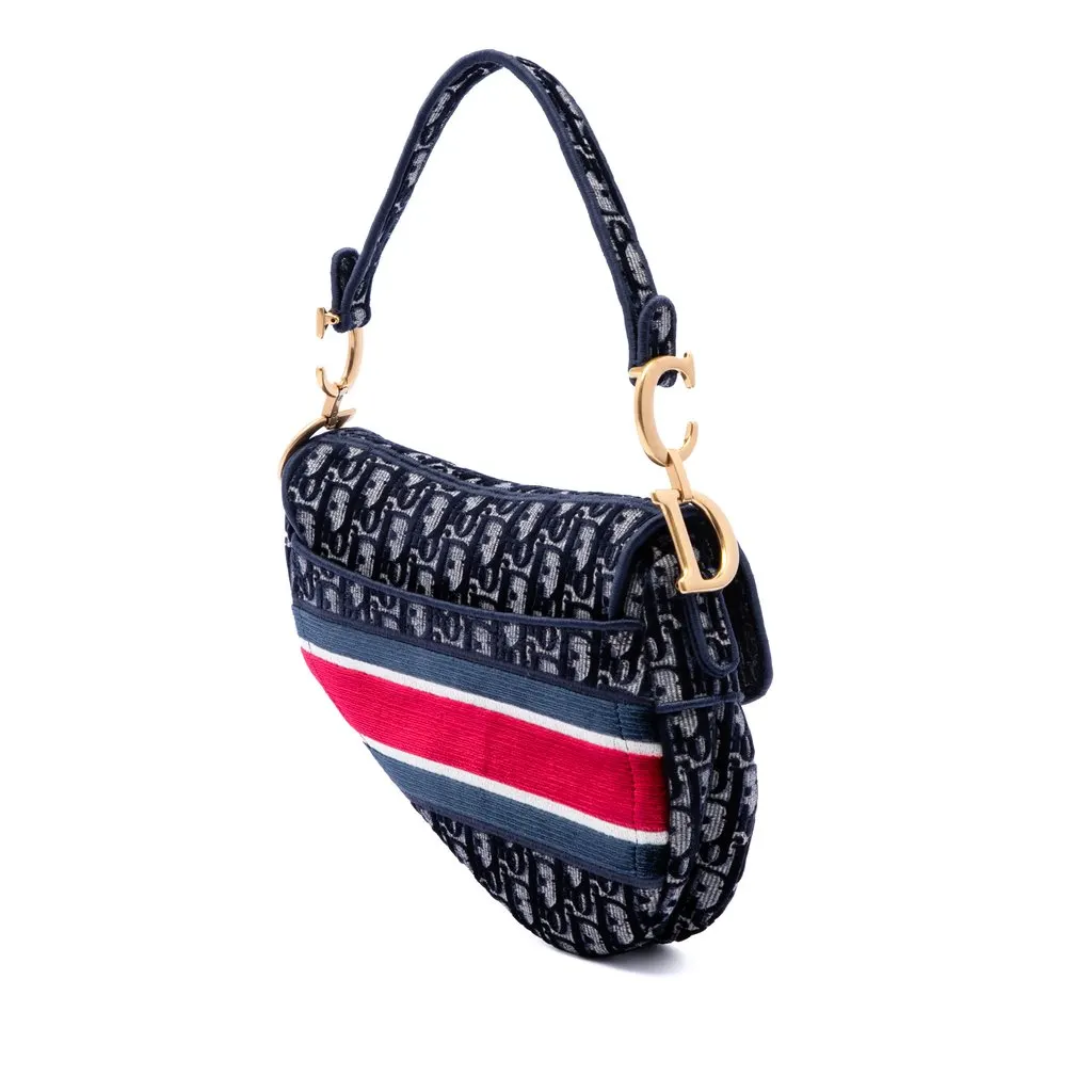Dior Oblique Embroidered Velvet Saddle Bag Blue Velvet Very good - Back View