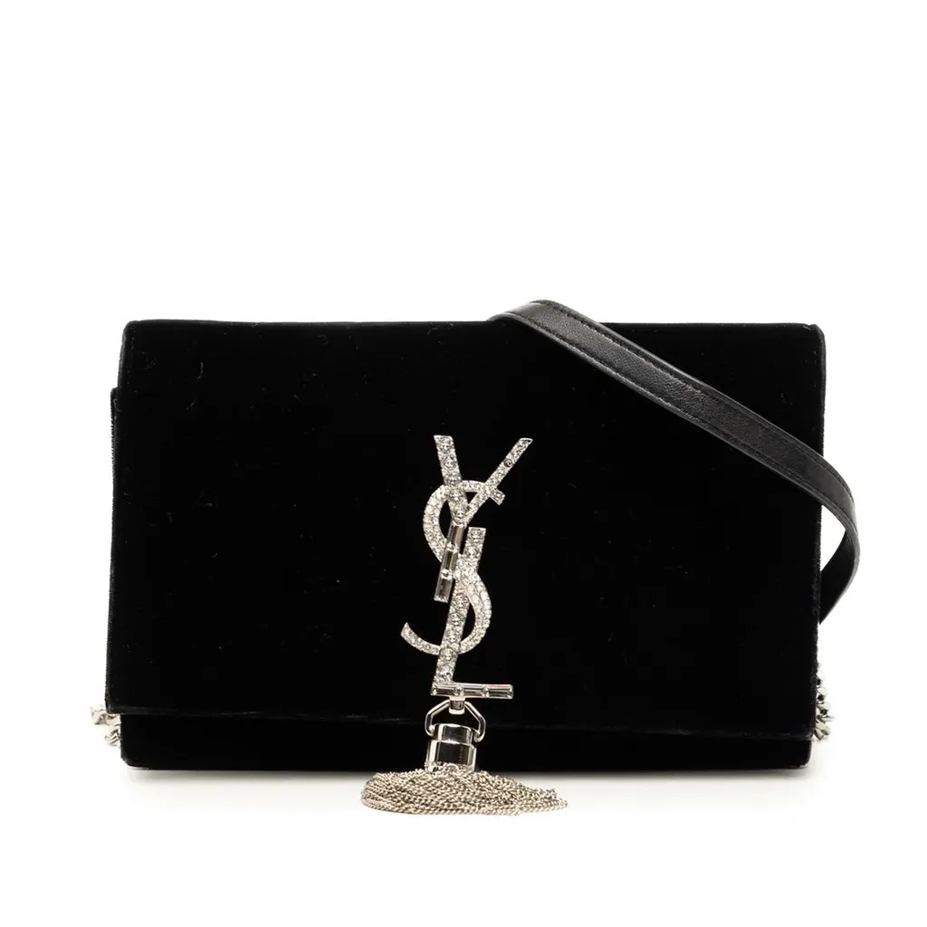 Saint Laurent Velvet Crystal Monogram Kate Tassel Wallet on Chain Black Very good - Front View